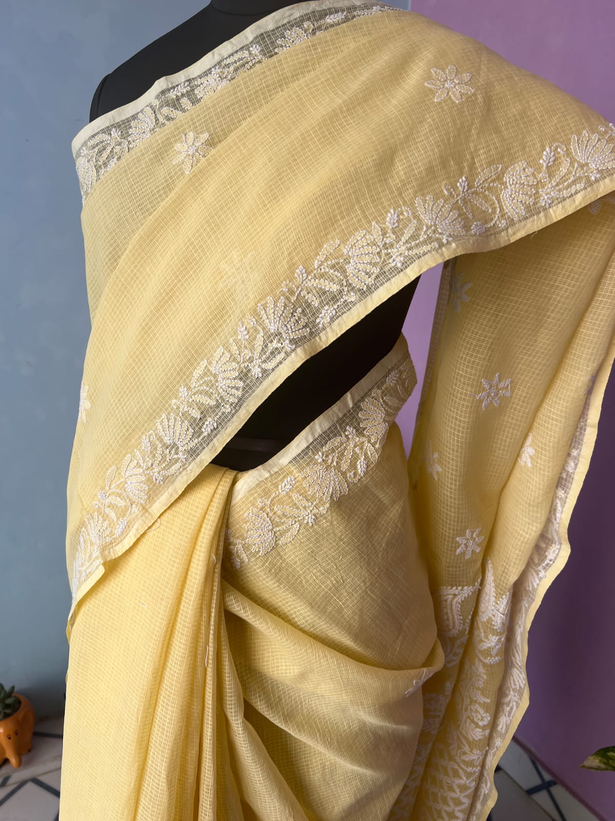 Light Yellow Kota cotton Hand embroidered saree with Jaaliwork