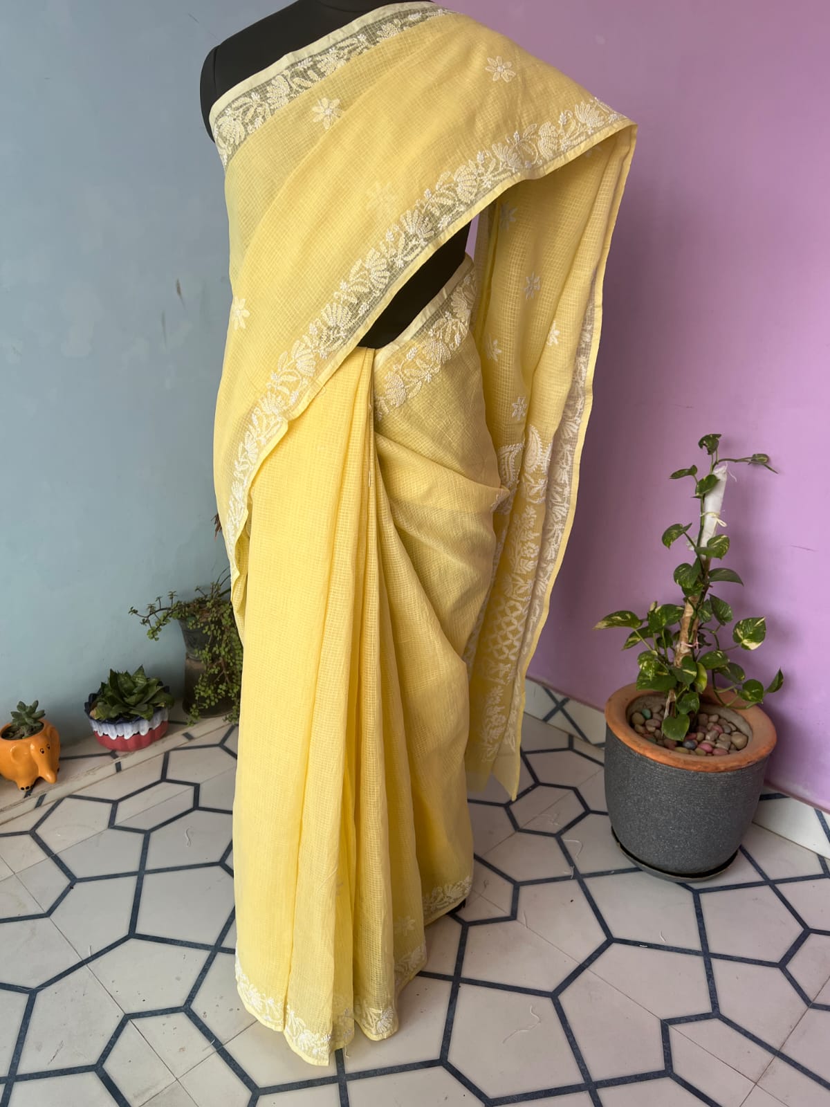 Light Yellow Kota cotton Hand embroidered saree with Jaaliwork
