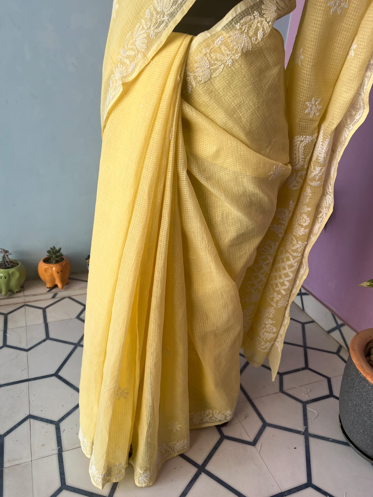 Light Yellow Kota cotton Hand embroidered saree with Jaaliwork