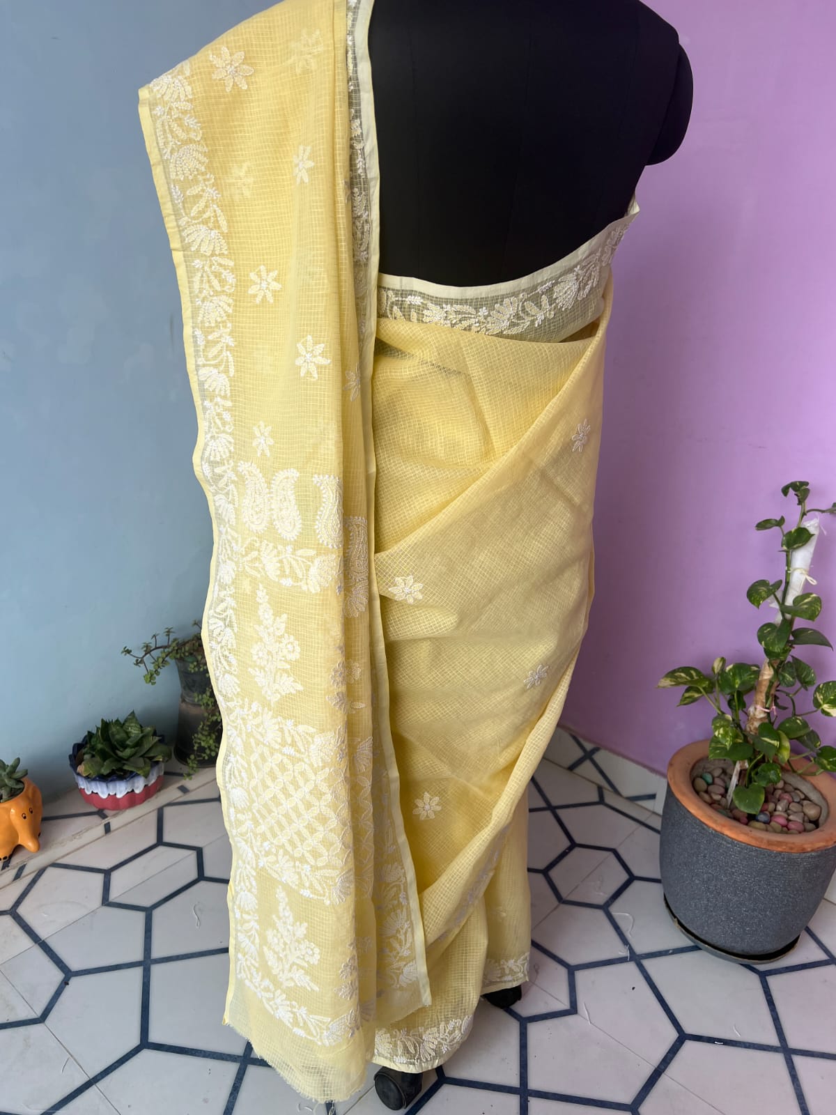 Light Yellow Kota cotton Hand embroidered saree with Jaaliwork