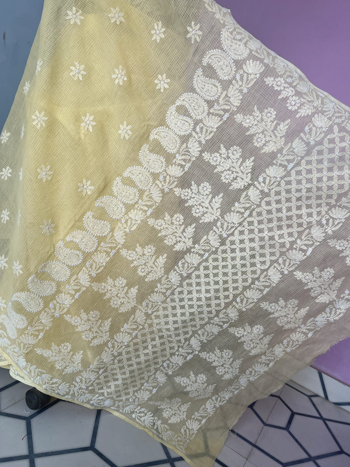 Light Yellow Kota cotton Hand embroidered saree with Jaaliwork