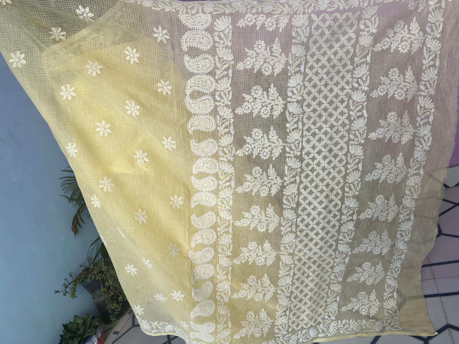 Light Yellow Kota cotton Hand embroidered saree with Jaaliwork