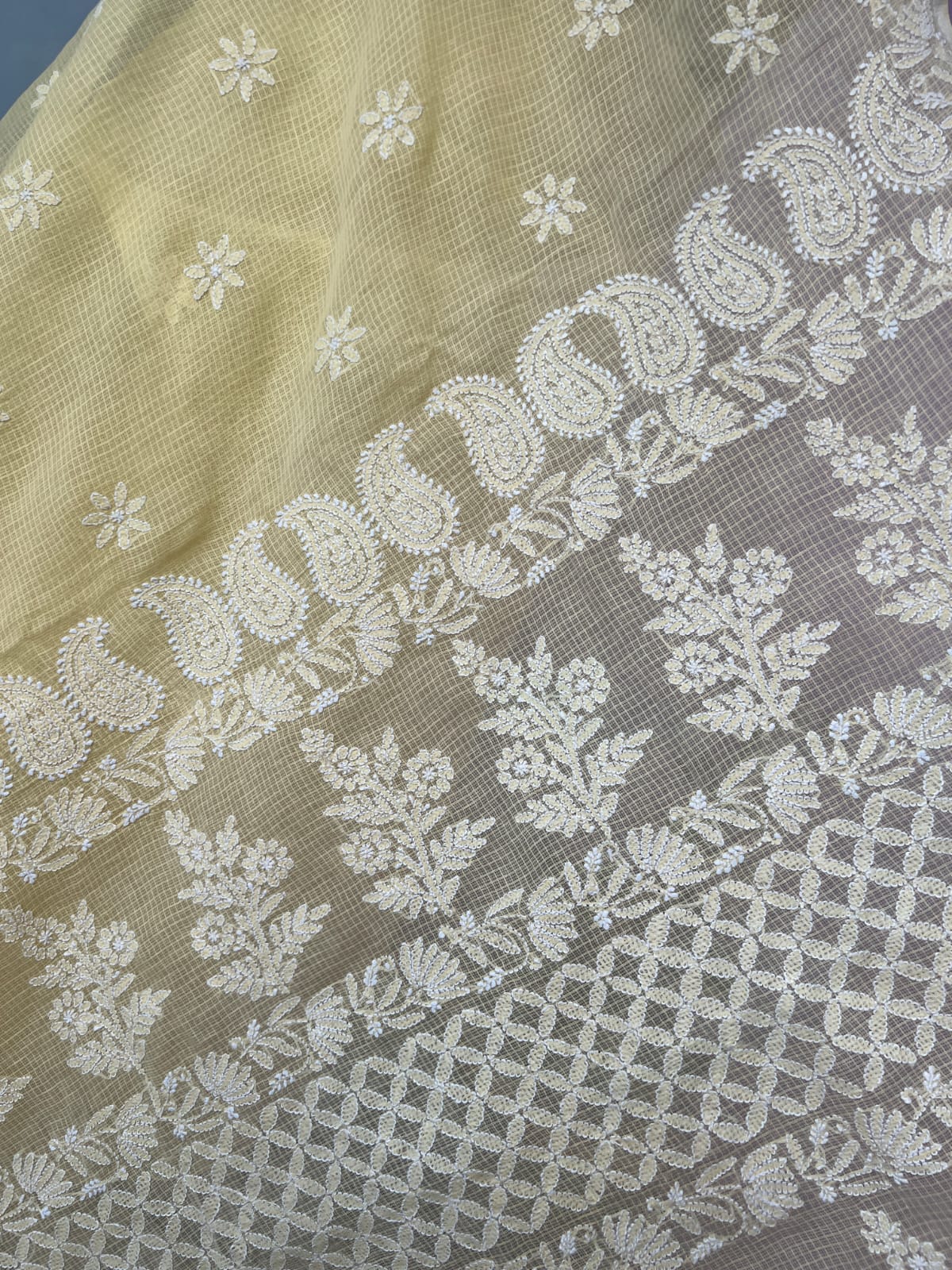 Light Yellow Kota cotton Hand embroidered saree with Jaaliwork