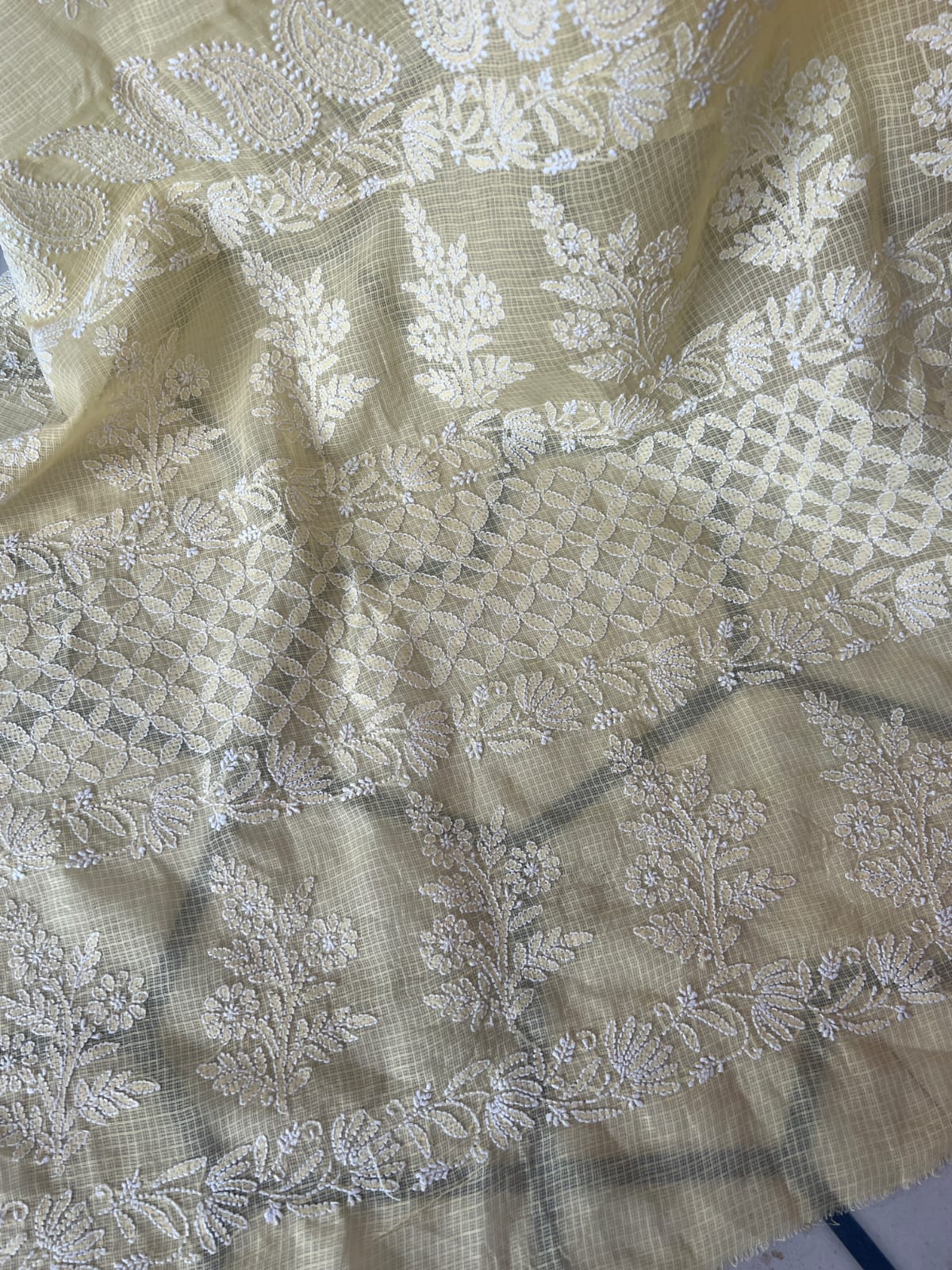 Light Yellow Kota cotton Hand embroidered saree with Jaaliwork