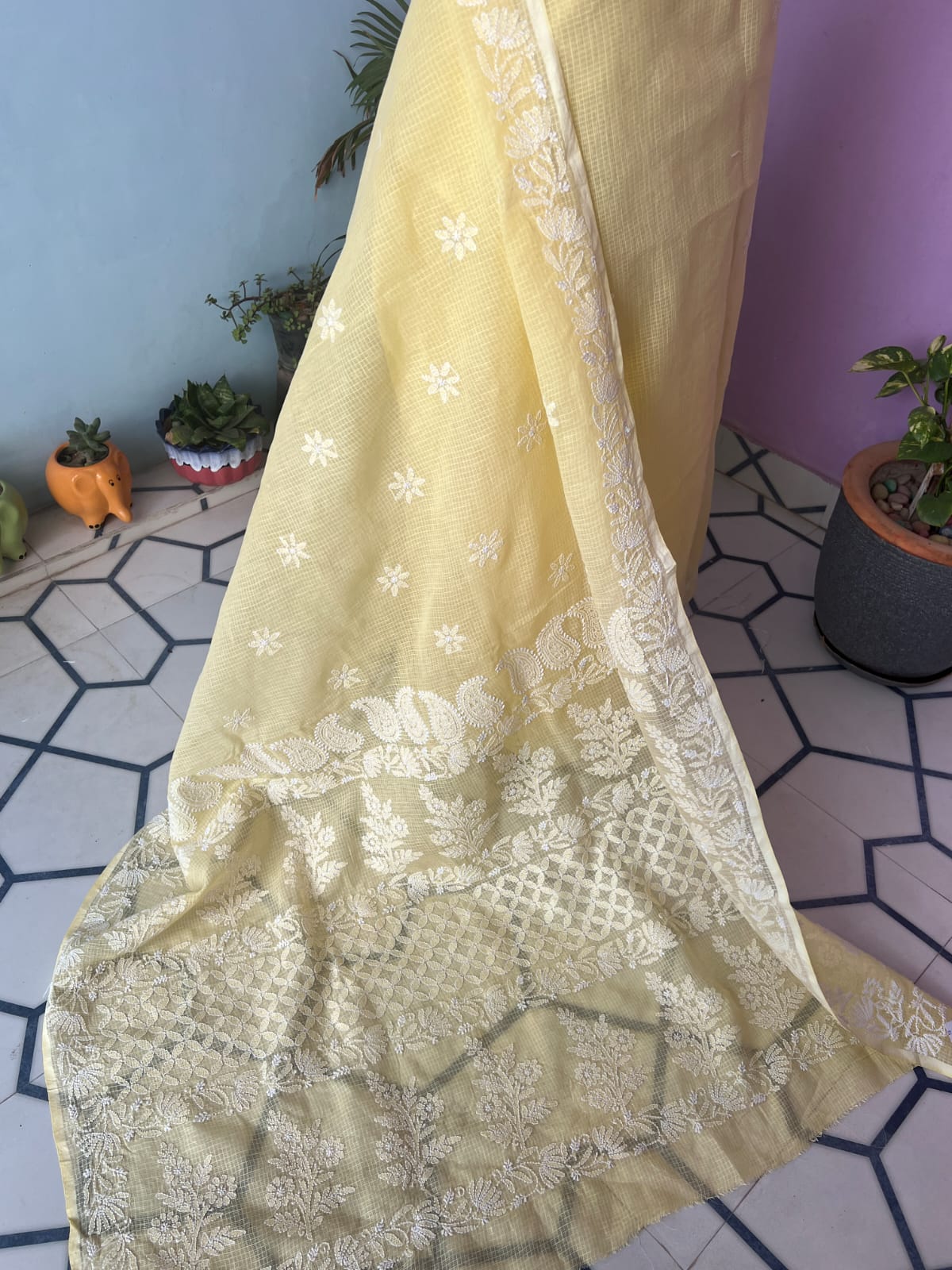 Light Yellow Kota cotton Hand embroidered saree with Jaaliwork
