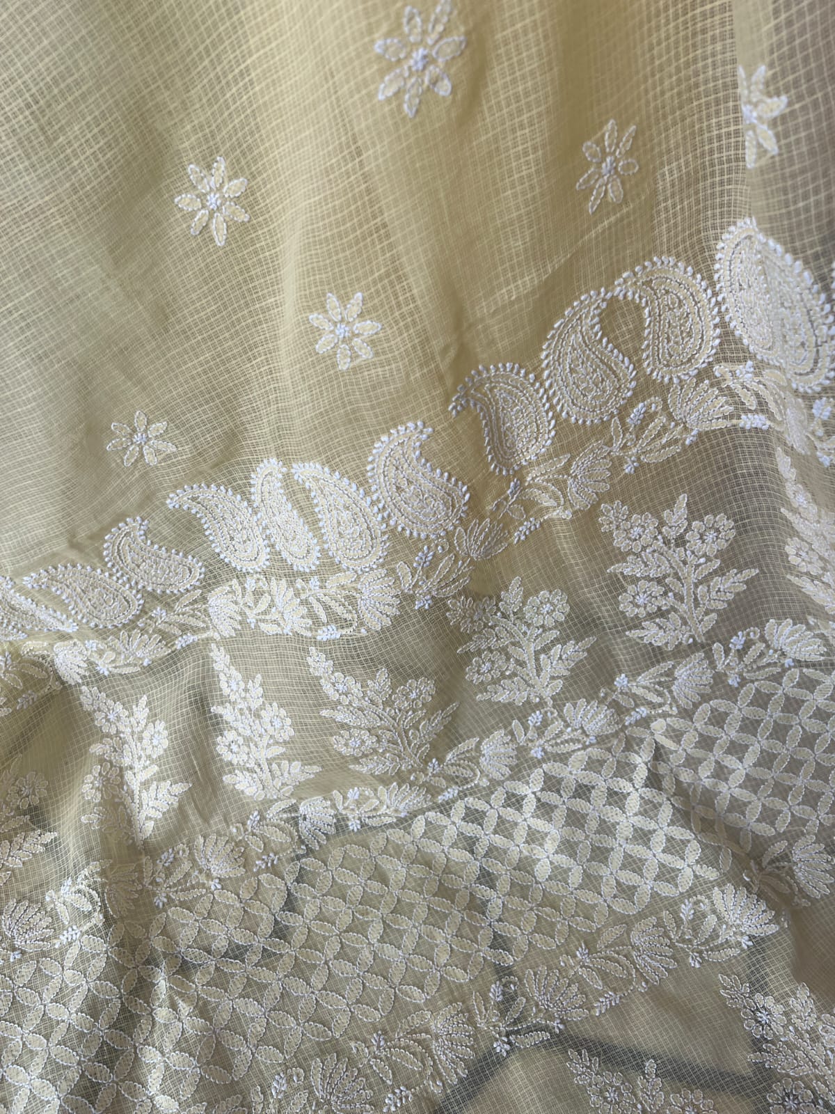 Light Yellow Kota cotton Hand embroidered saree with Jaaliwork