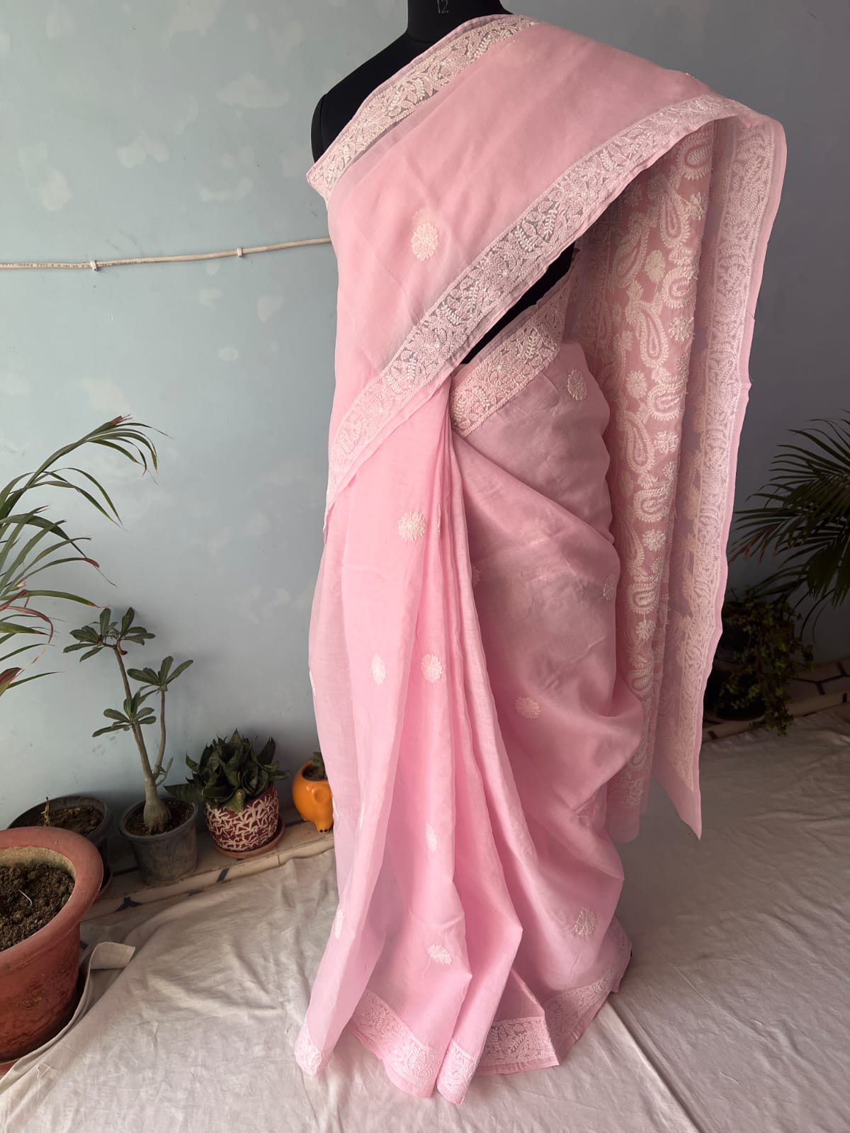 Pink Cotton Saree with Heavy chikankari handwork