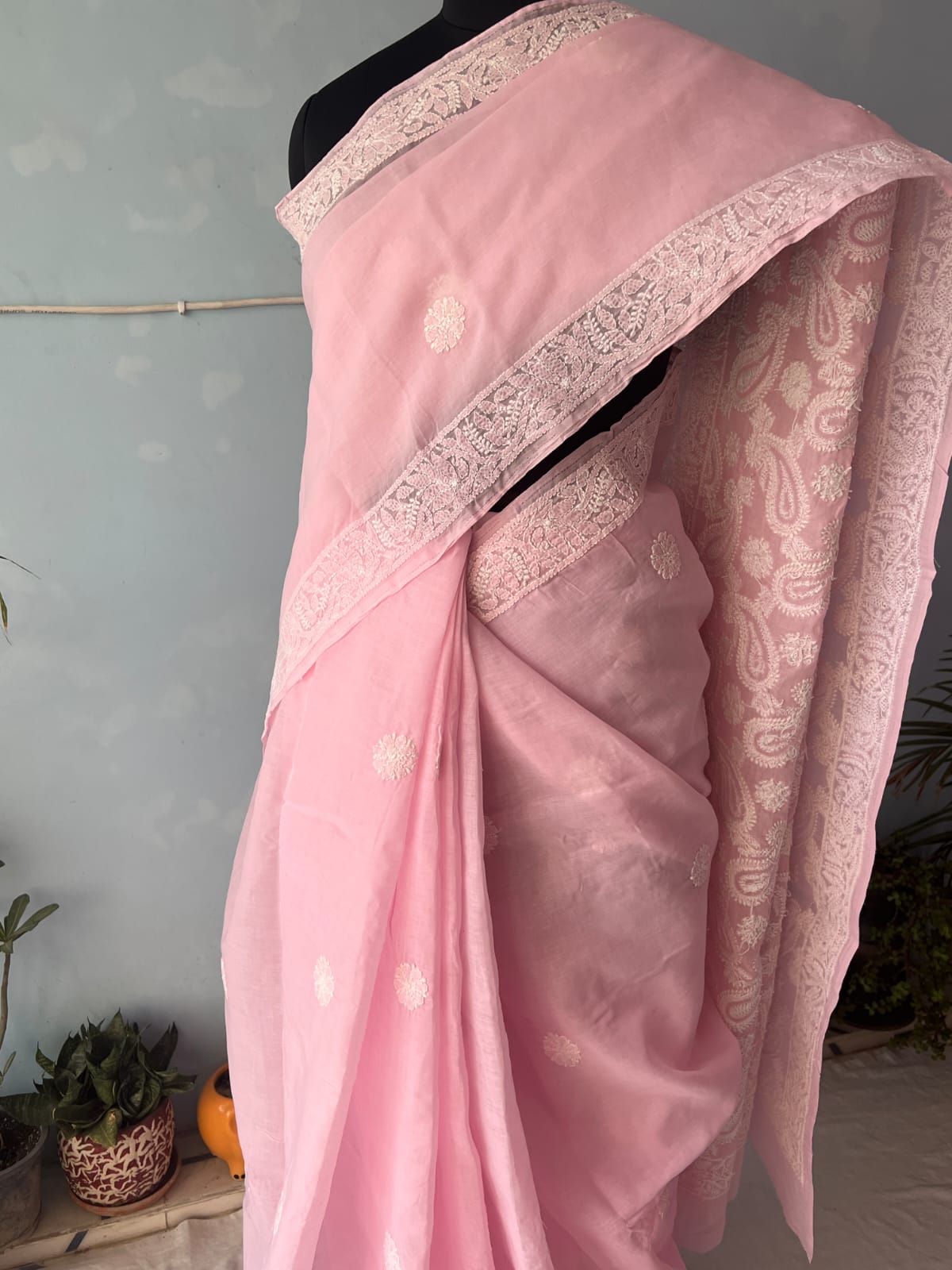 Pink Cotton Saree with Heavy chikankari handwork
