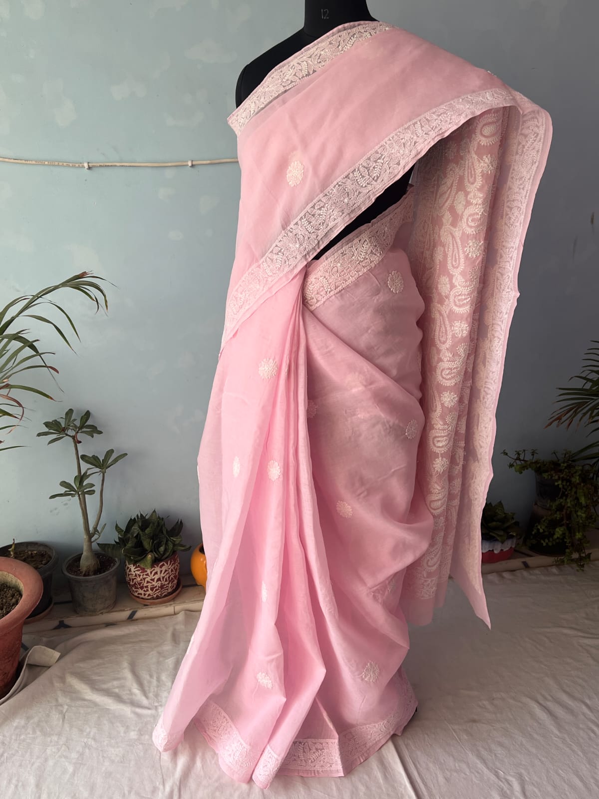 Pink Cotton Saree with Heavy chikankari handwork