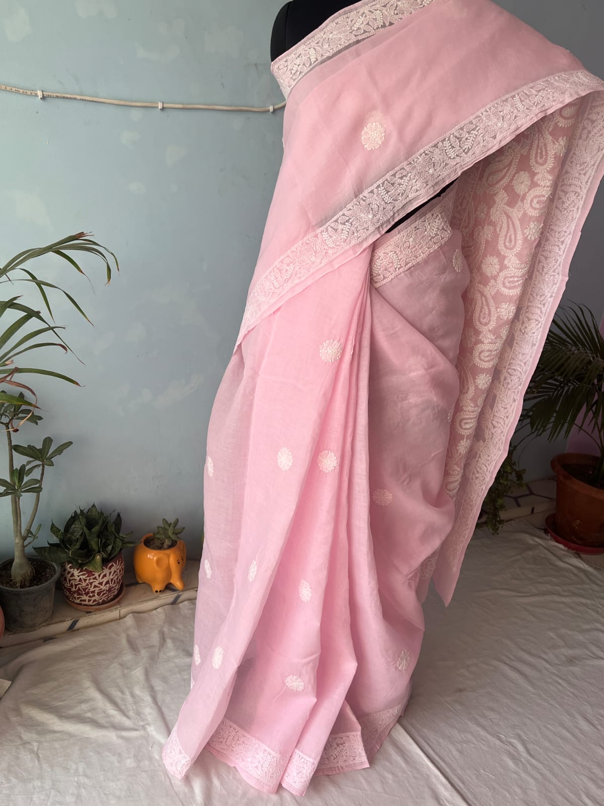 Pink Cotton Saree with Heavy chikankari handwork