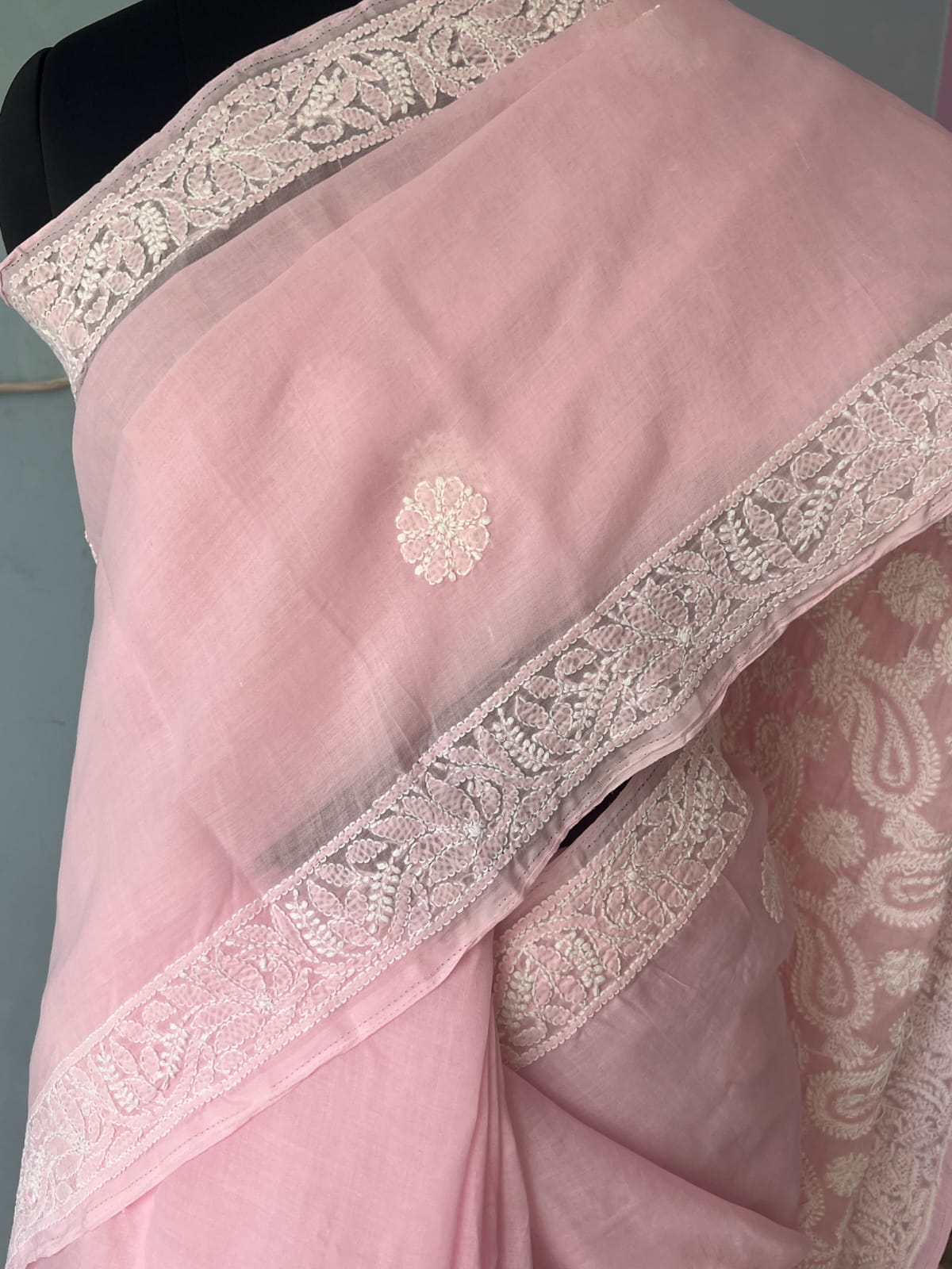 Pink Cotton Saree with Heavy chikankari handwork