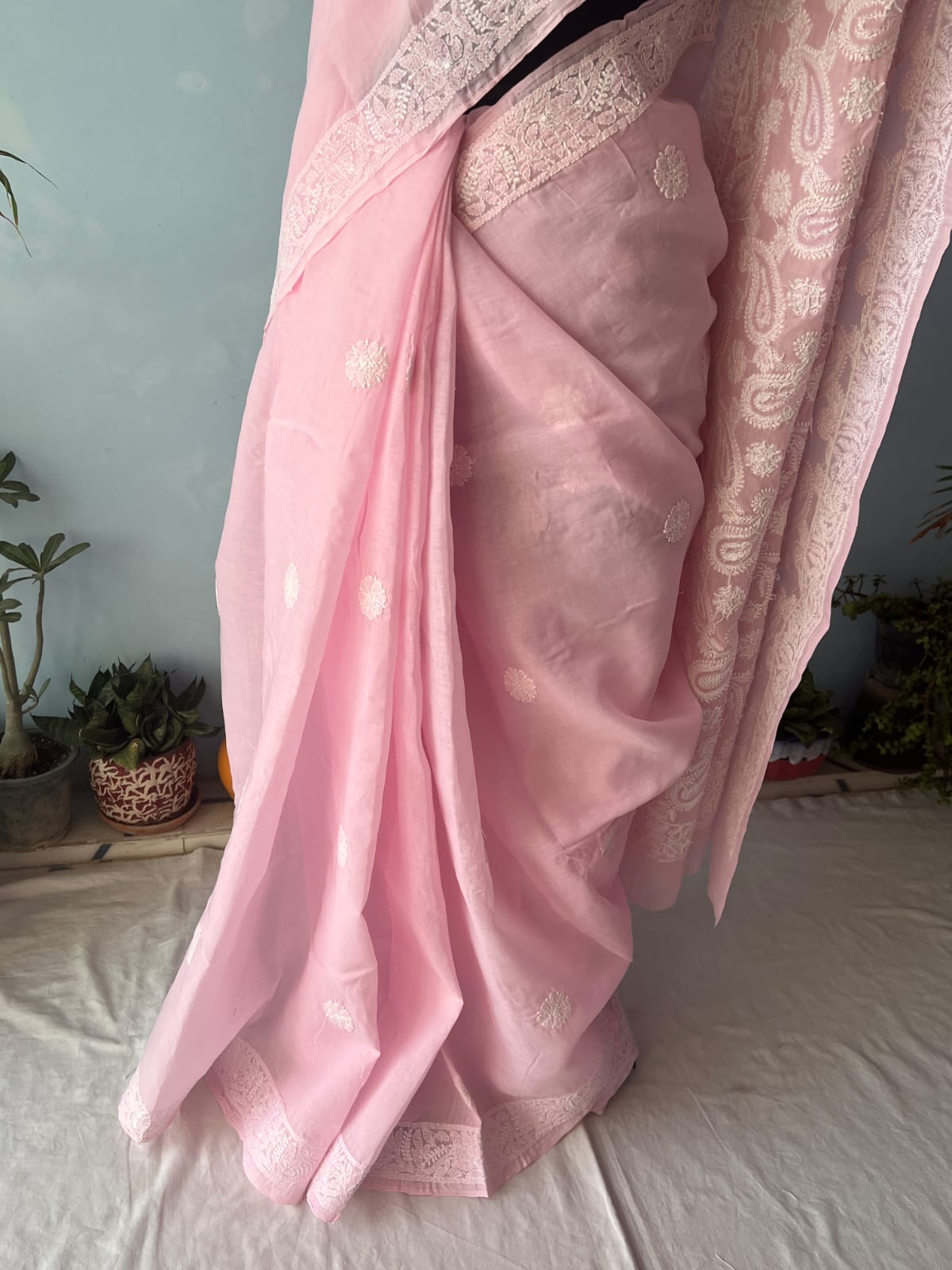 Pink Cotton Saree with Heavy chikankari handwork