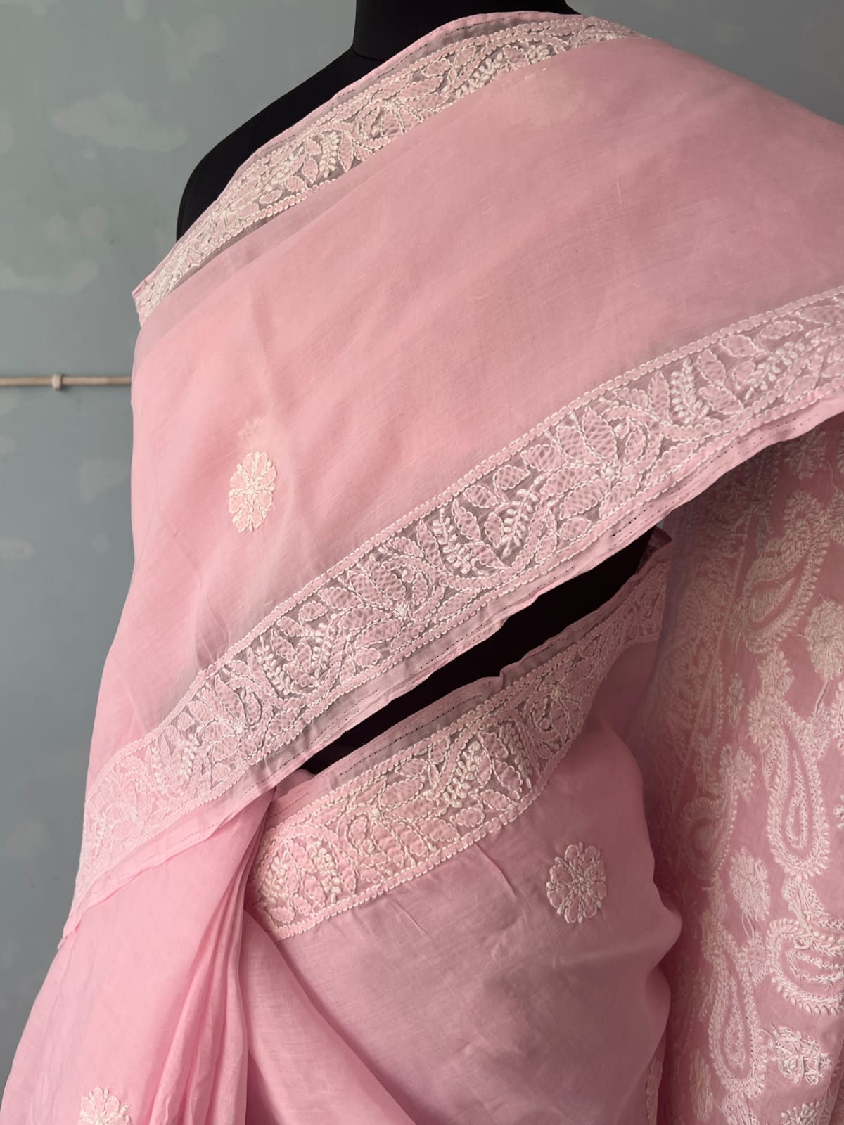 Pink Cotton Saree with Heavy chikankari handwork