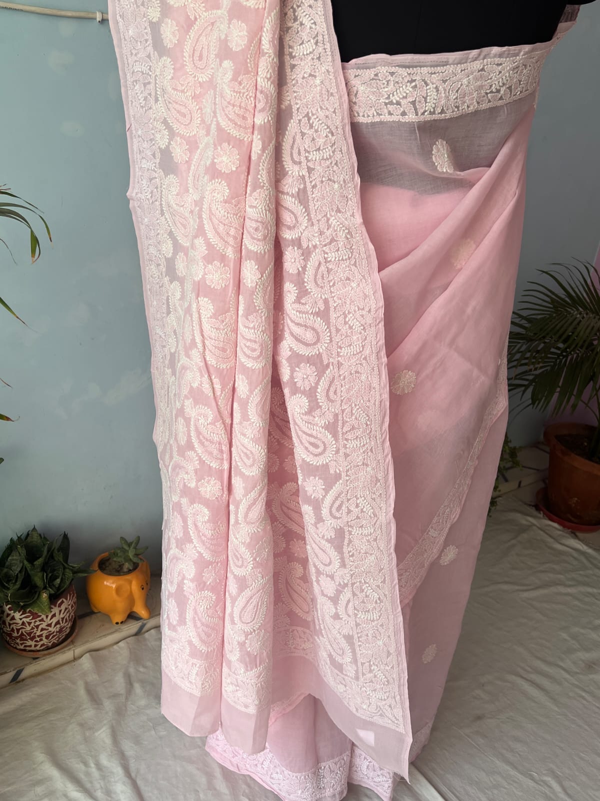 Pink Cotton Saree with Heavy chikankari handwork