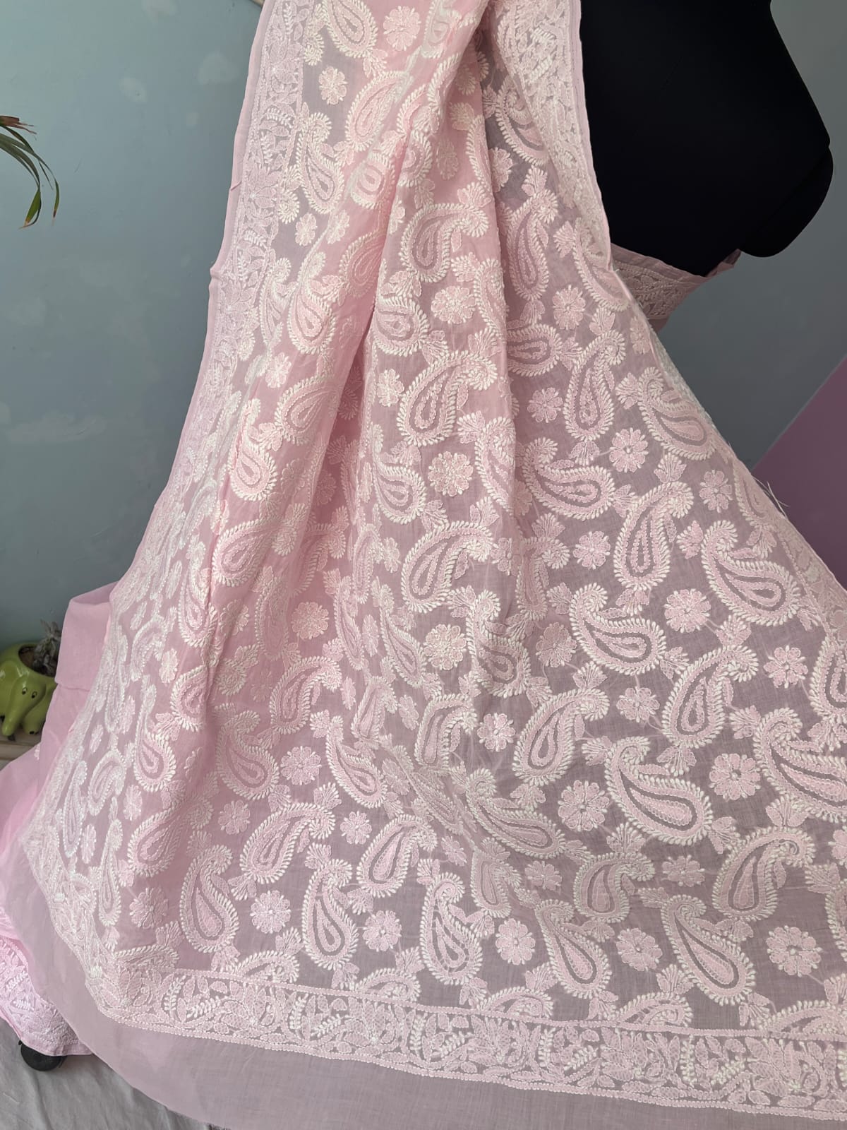 Pink Cotton Saree with Heavy chikankari handwork