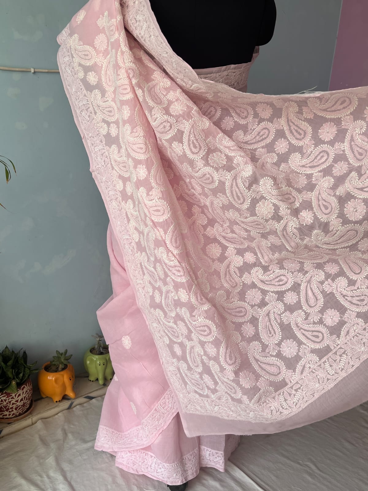 Pink Cotton Saree with Heavy chikankari handwork