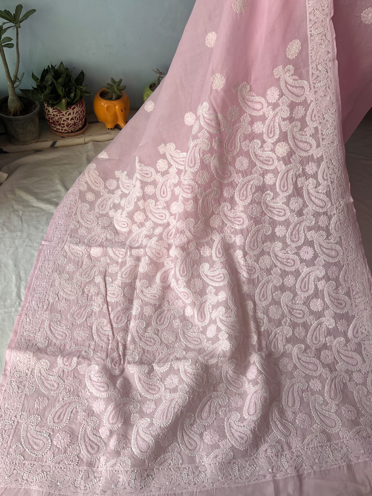 Pink Cotton Saree with Heavy chikankari handwork