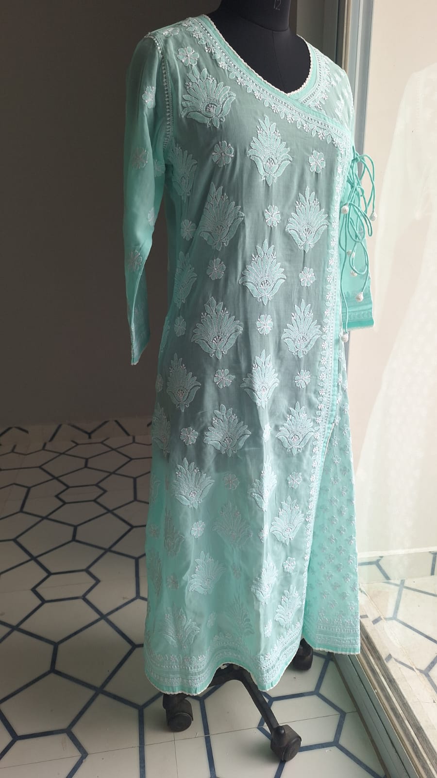 sea Green A line Angarkha Style Kurti with chikankari and tessels