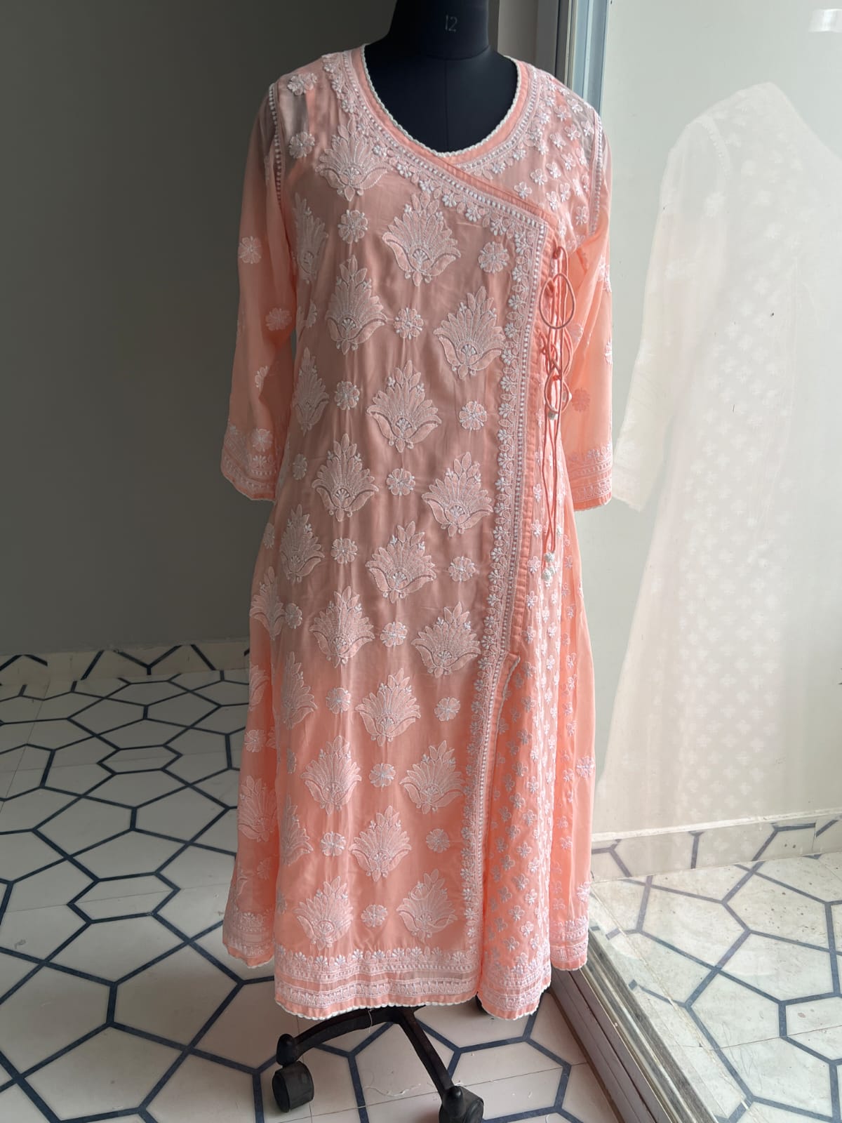 Peach A line Angarkha Style Kurti with chikankari and tessels