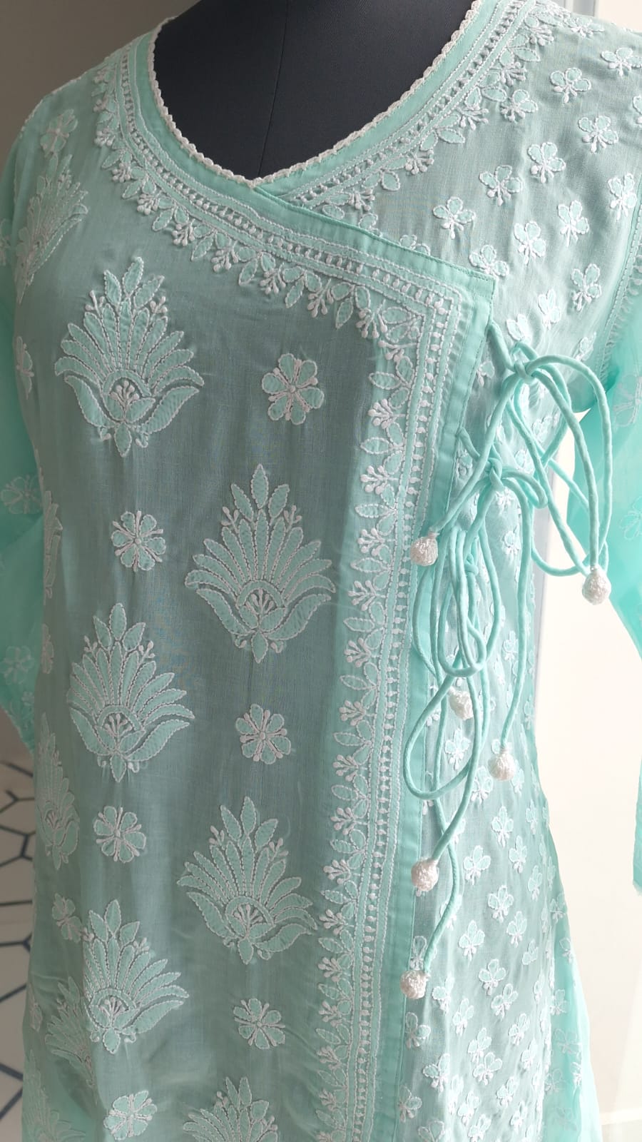 sea Green A line Angarkha Style Kurti with chikankari and tessels