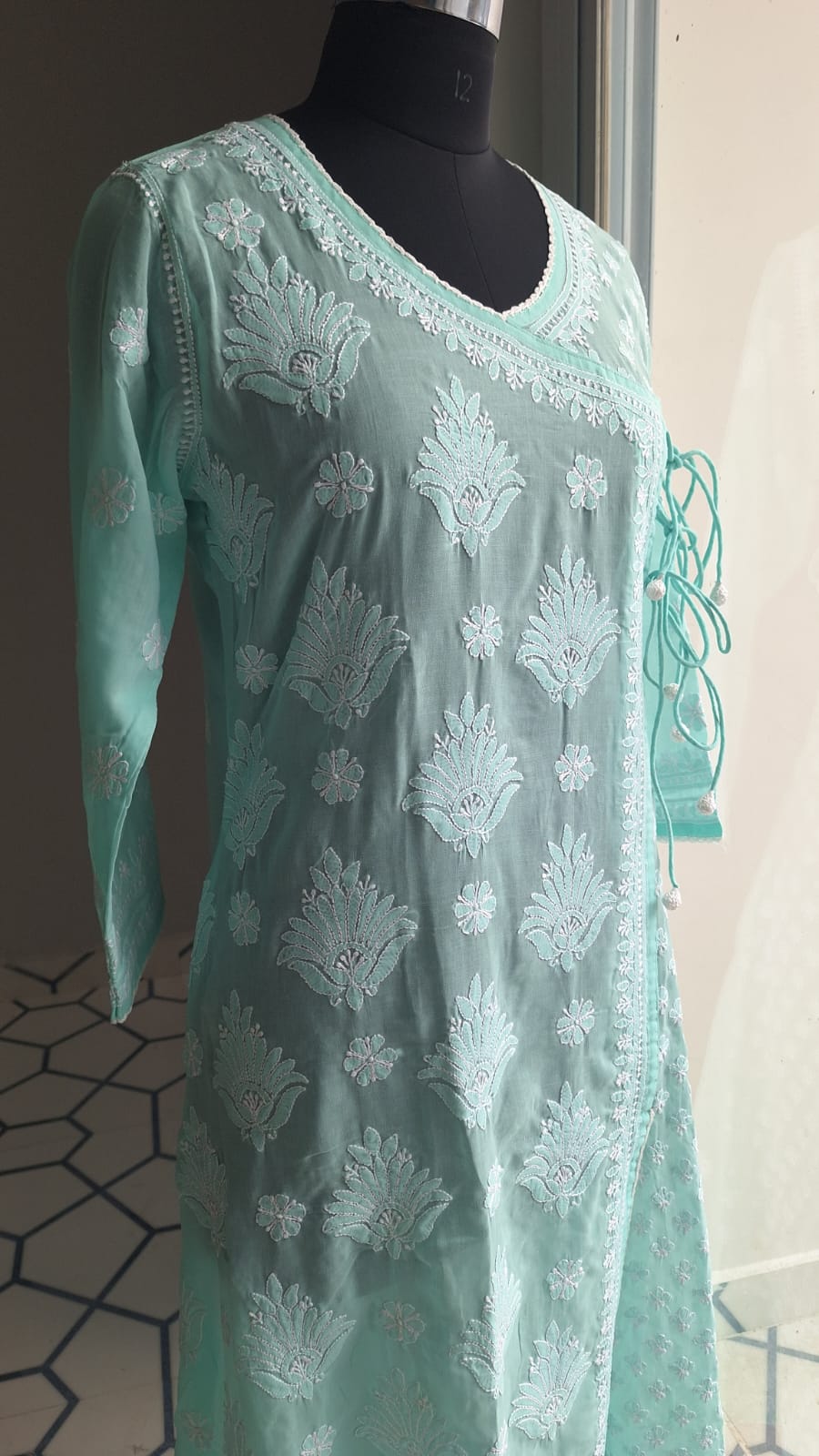 sea Green A line Angarkha Style Kurti with chikankari and tessels