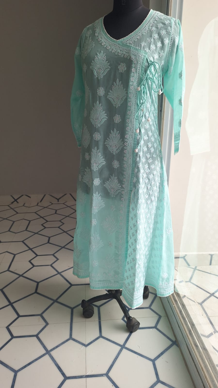 sea Green A line Angarkha Style Kurti with chikankari and tessels