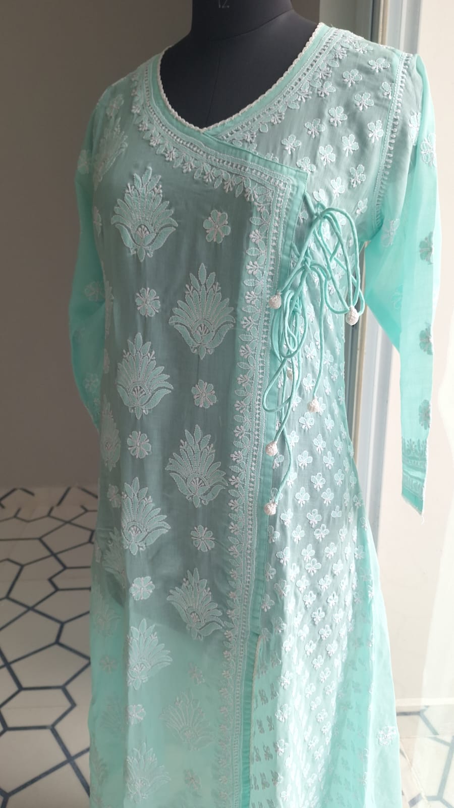 sea Green A line Angarkha Style Kurti with chikankari and tessels