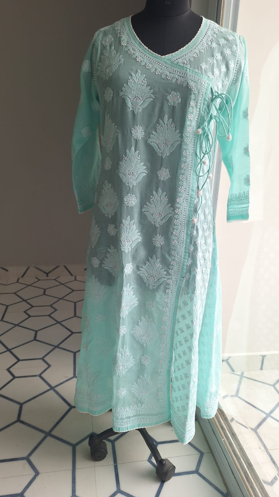 sea Green A line Angarkha Style Kurti with chikankari and tessels