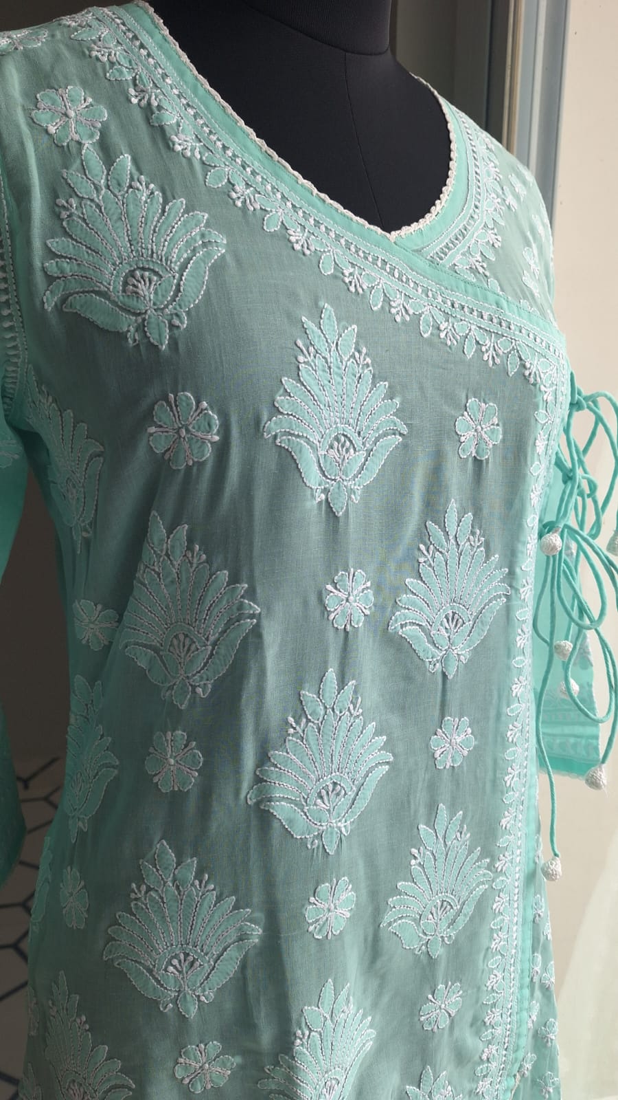 sea Green A line Angarkha Style Kurti with chikankari and tessels