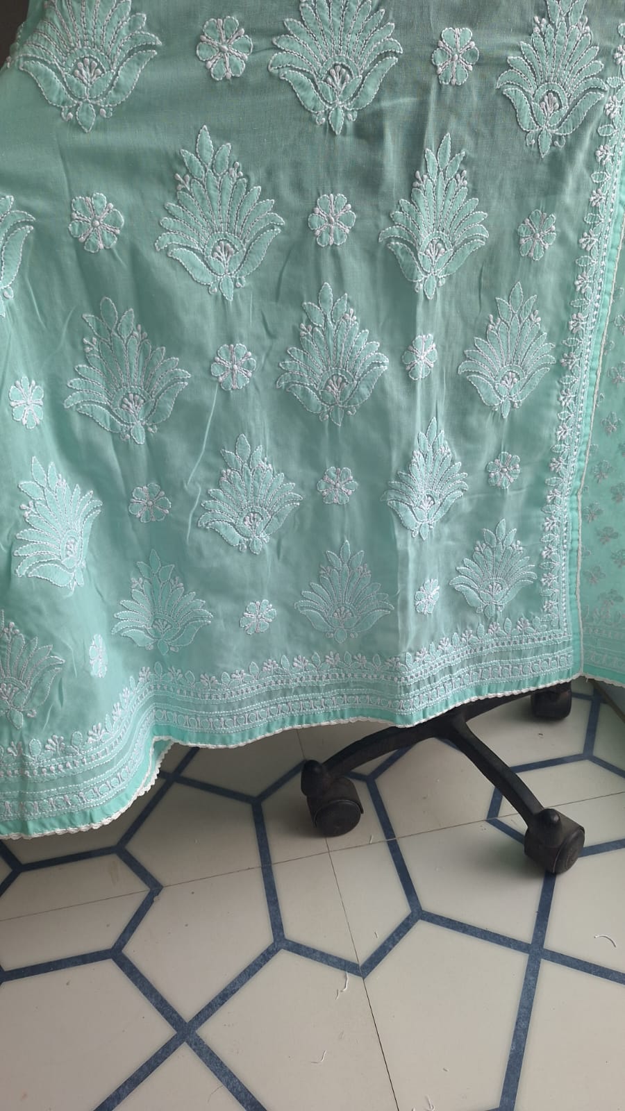 sea Green A line Angarkha Style Kurti with chikankari and tessels