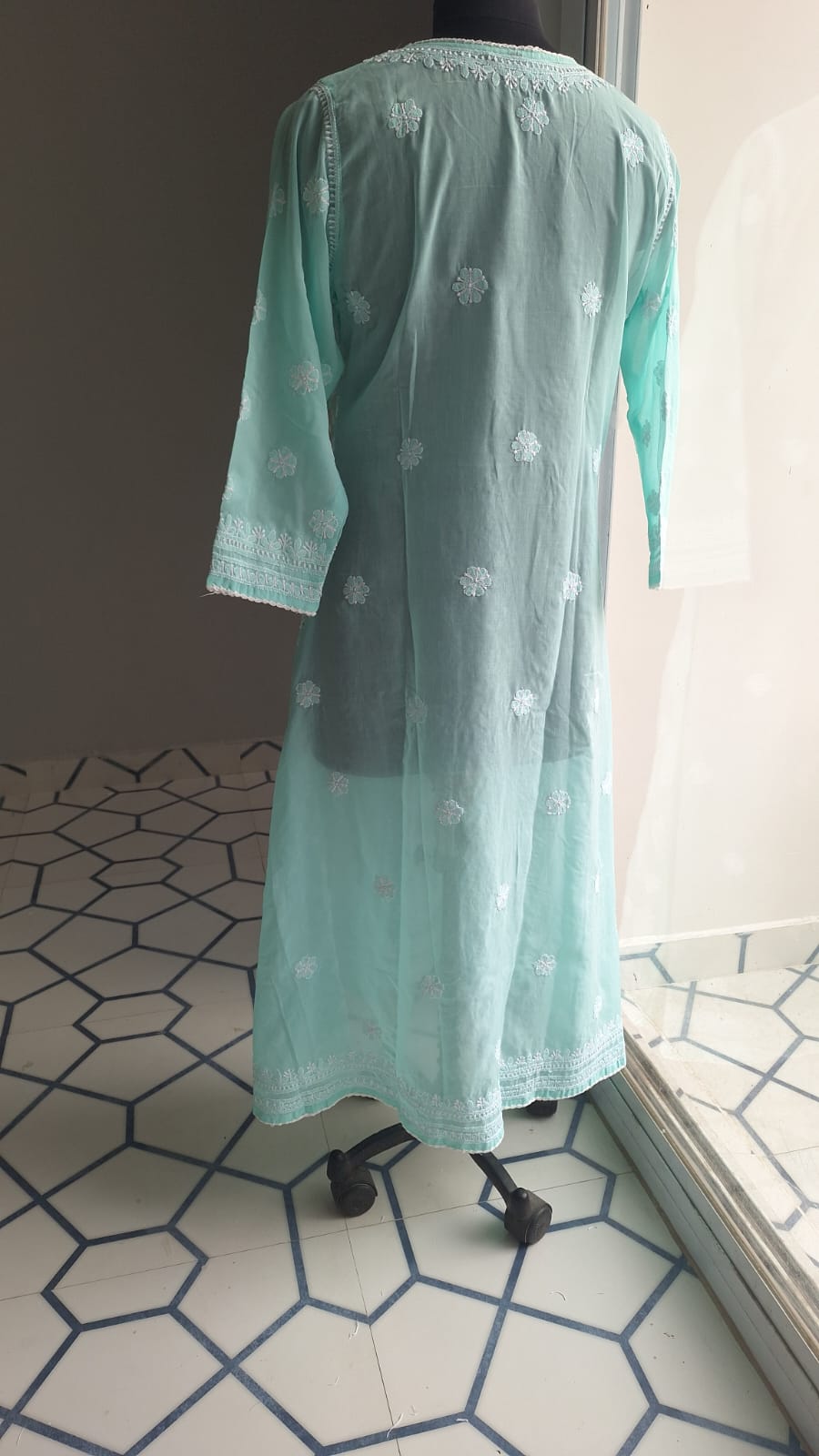 sea Green A line Angarkha Style Kurti with chikankari and tessels