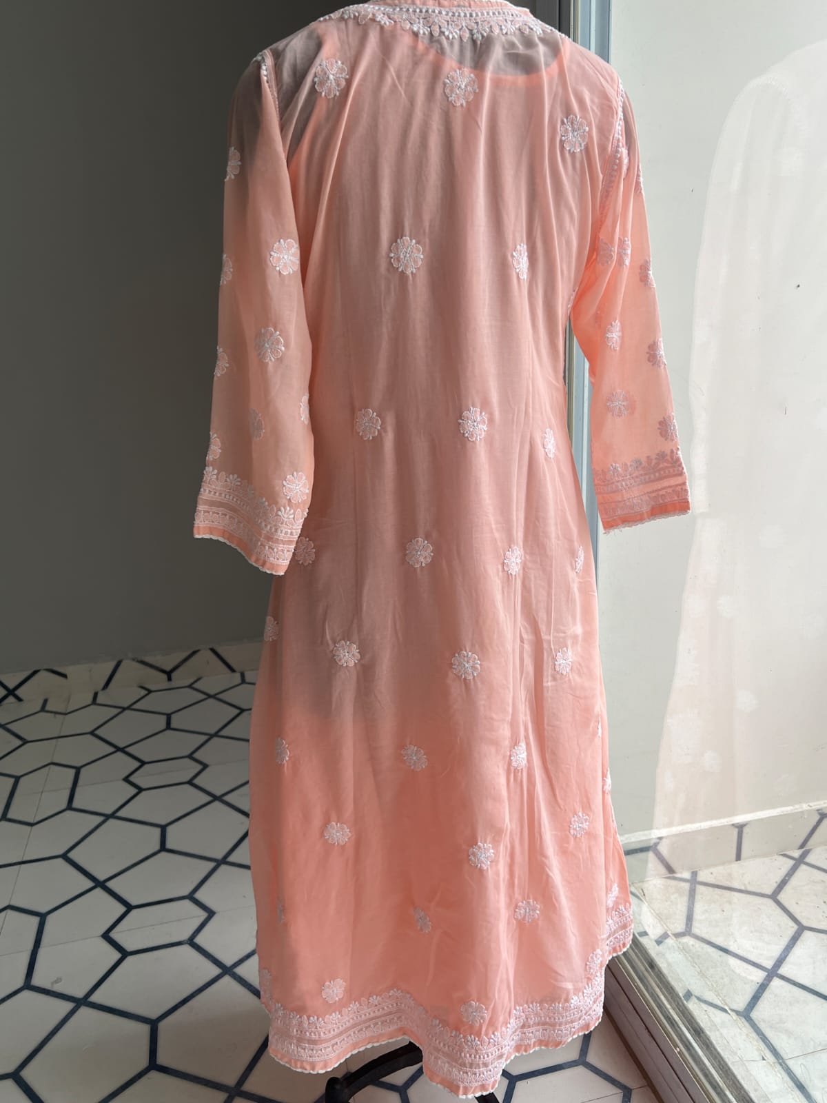 Peach A line Angarkha Style Kurti with chikankari and tessels