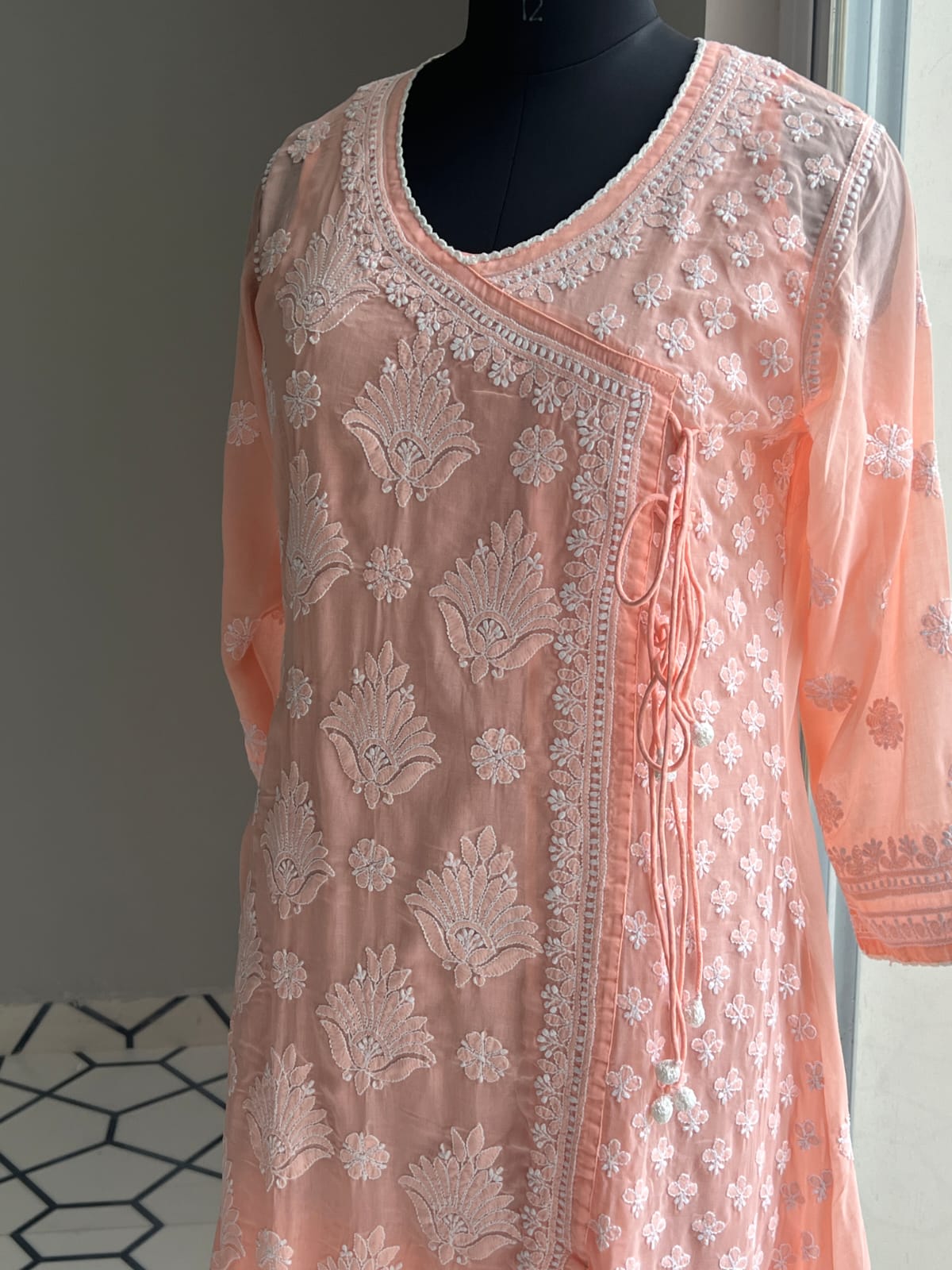 Peach A line Angarkha Style Kurti with chikankari and tessels