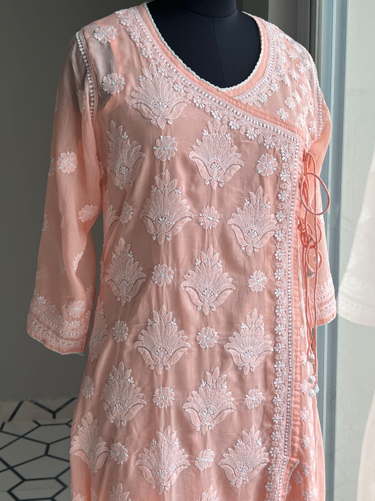 Peach A line Angarkha Style Kurti with chikankari and tessels