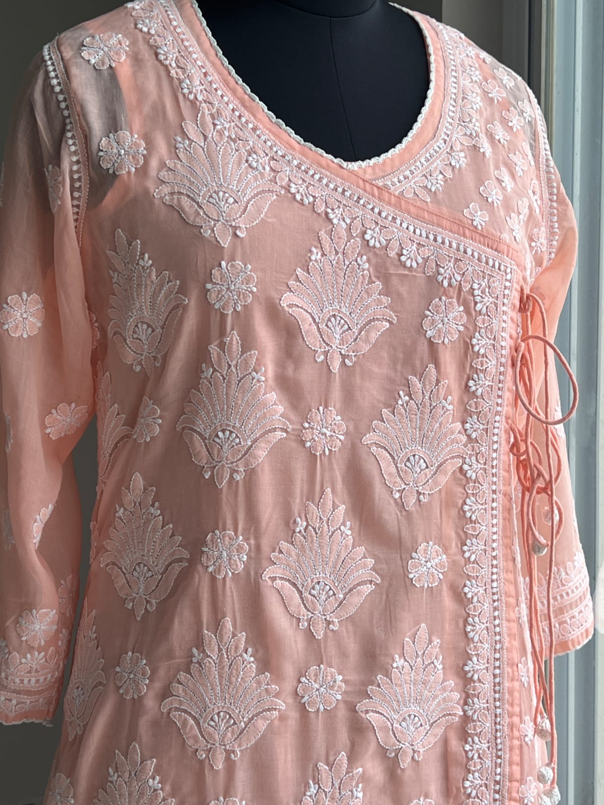 Peach A line Angarkha Style Kurti with chikankari and tessels