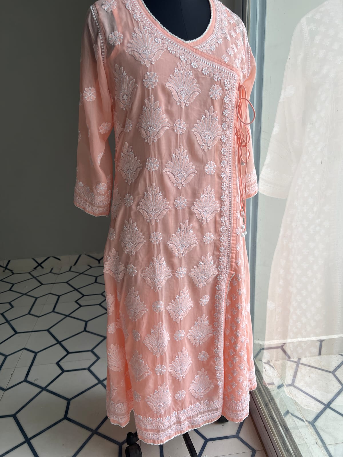 Peach A line Angarkha Style Kurti with chikankari and tessels