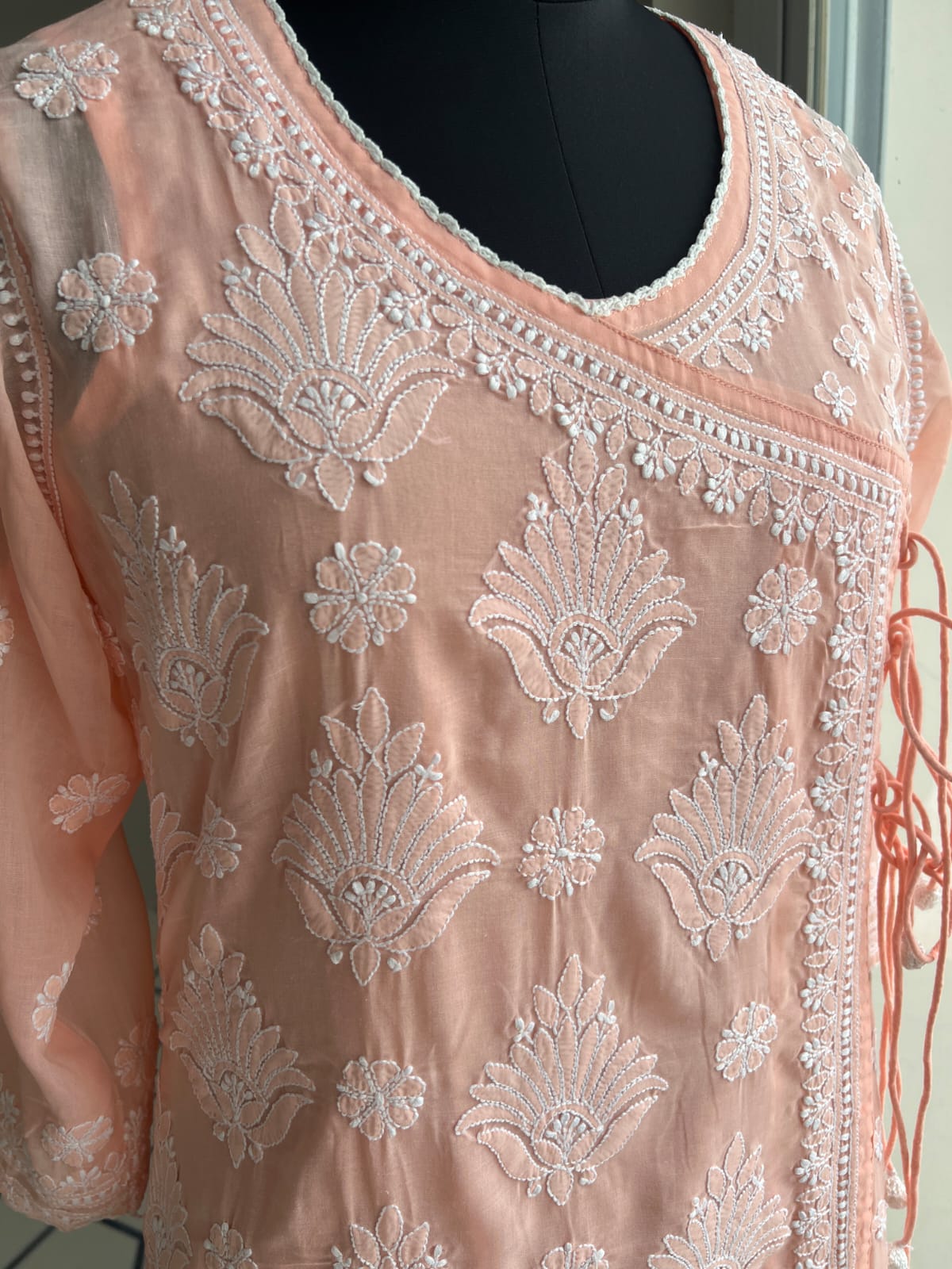 Peach A line Angarkha Style Kurti with chikankari and tessels