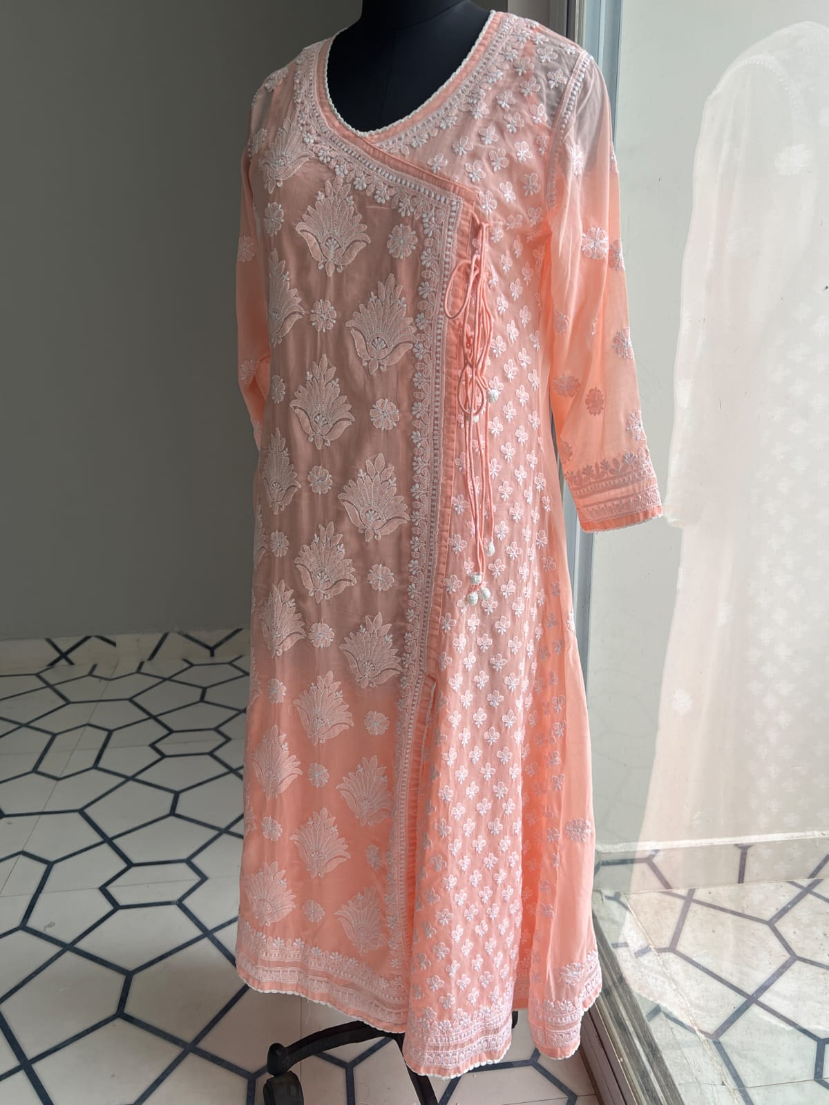 Peach A line Angarkha Style Kurti with chikankari and tessels