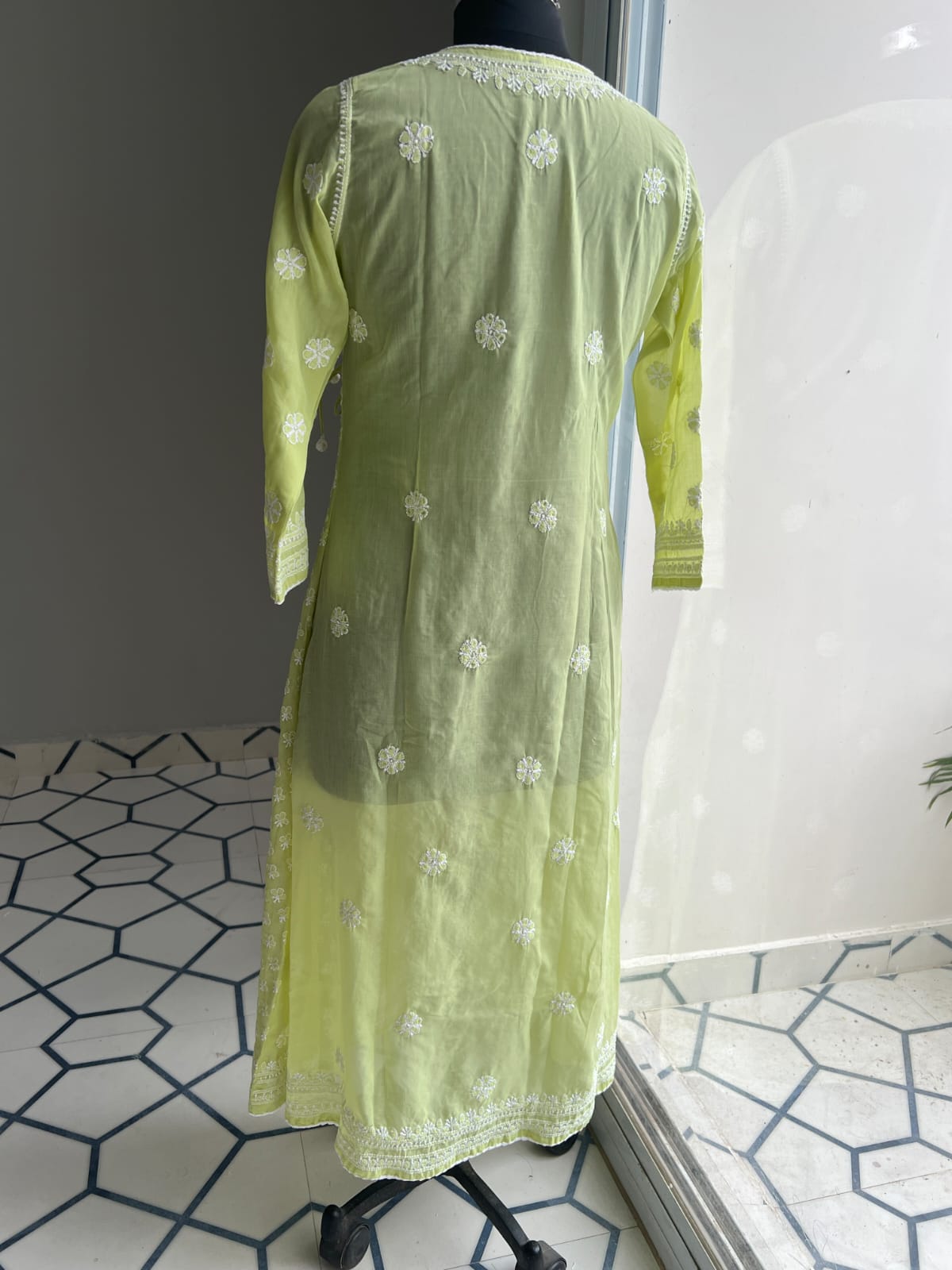 Lime Green A line Angarkha Style Kurti with chikankari and tessels