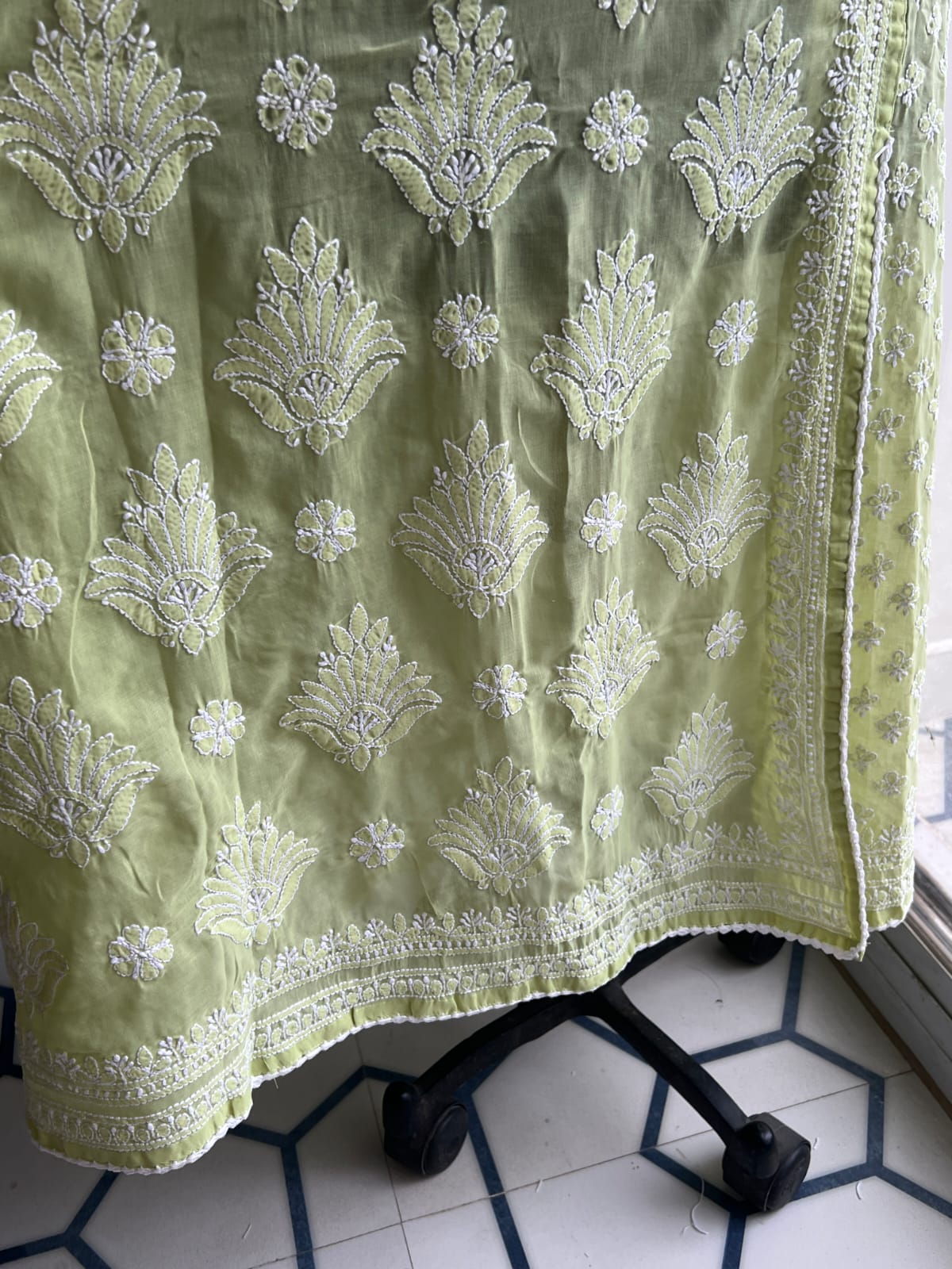 Lime Green A line Angarkha Style Kurti with chikankari and tessels
