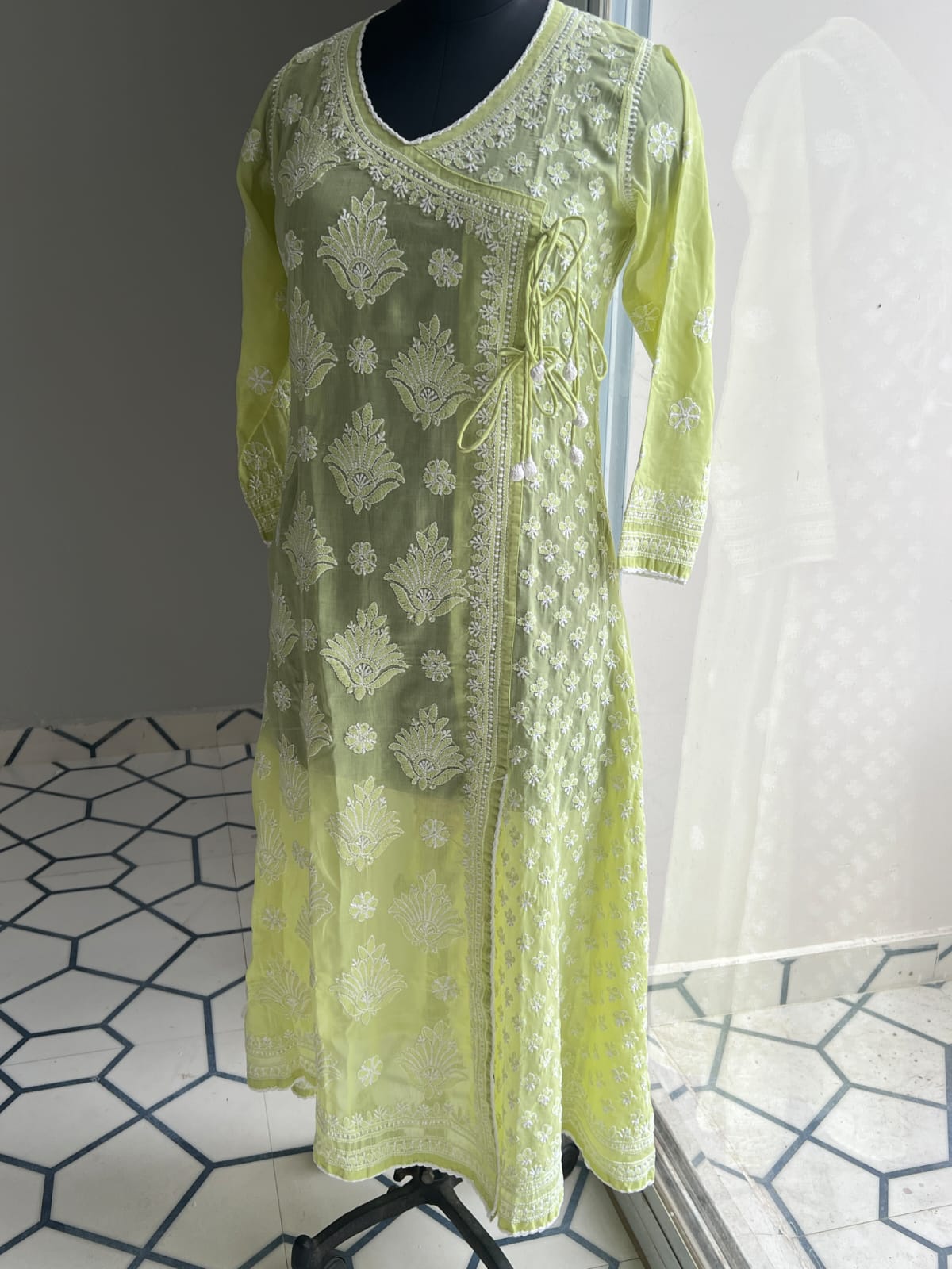 Lime Green A line Angarkha Style Kurti with chikankari and tessels