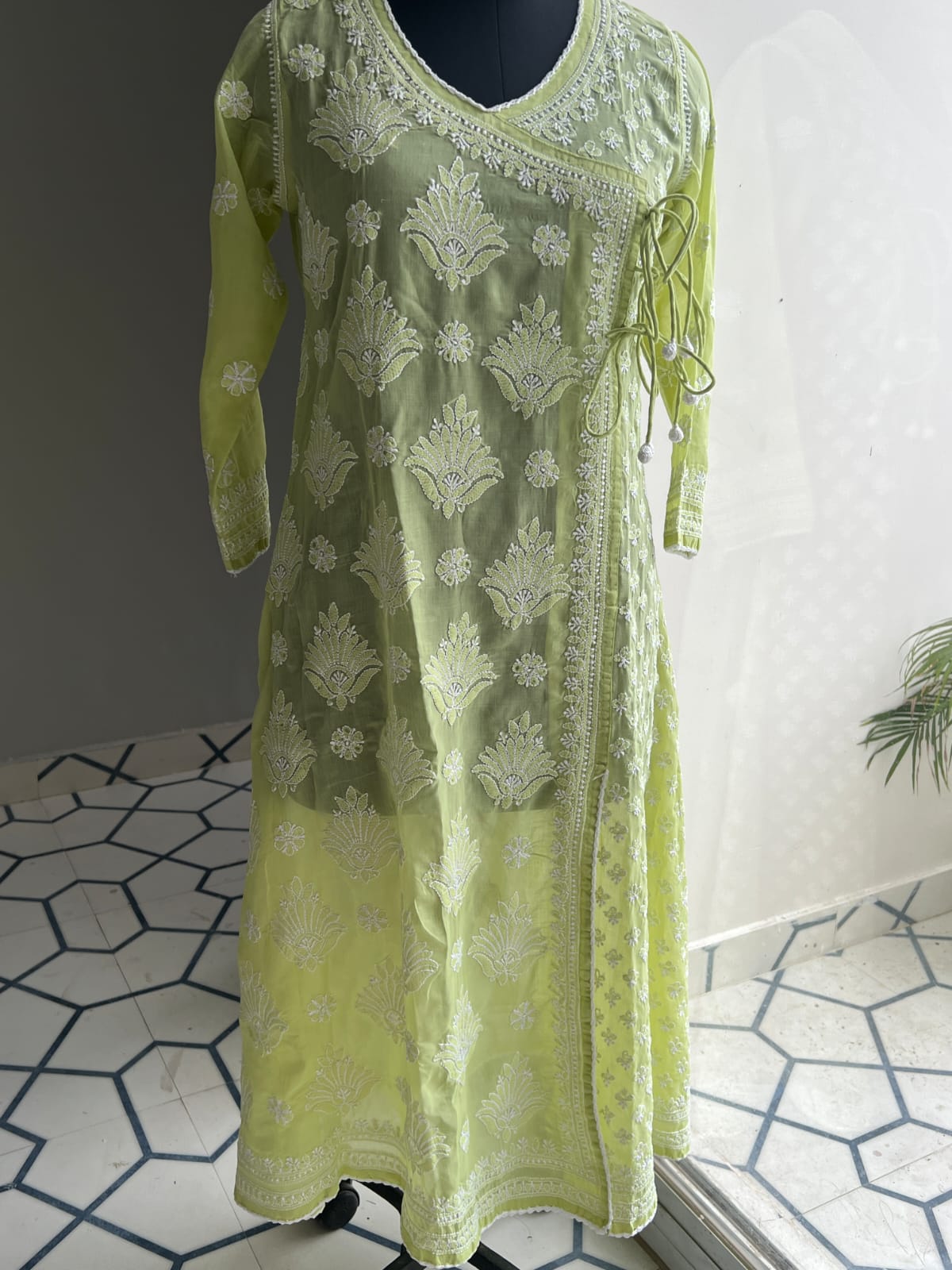 Lime Green A line Angarkha Style Kurti with chikankari and tessels