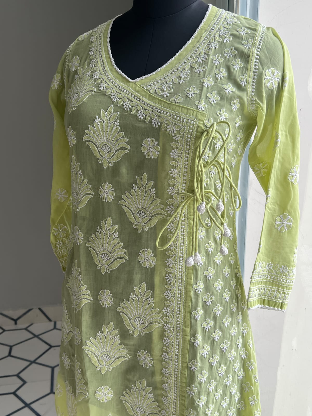 Lime Green A line Angarkha Style Kurti with chikankari and tessels