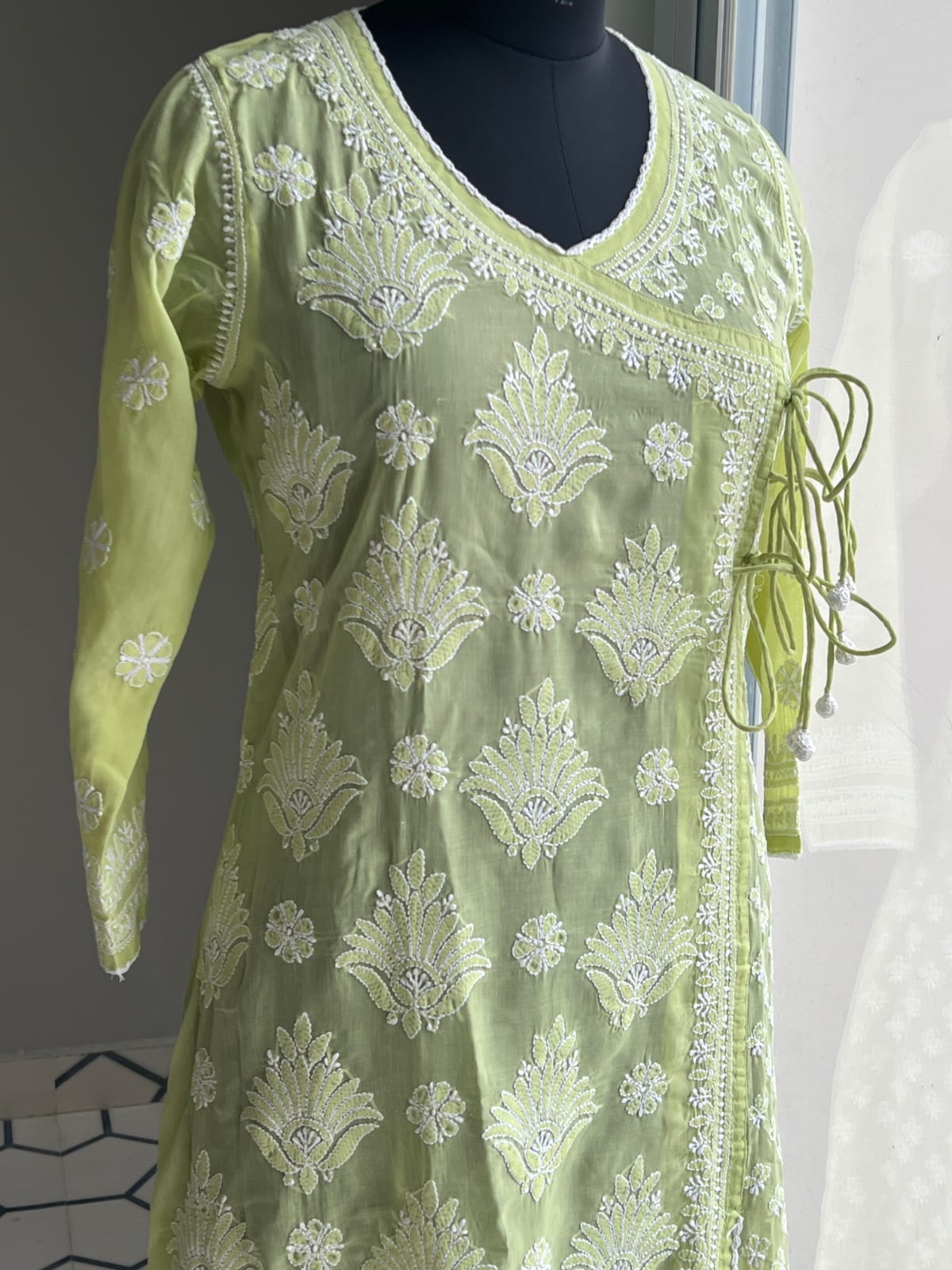 Lime Green A line Angarkha Style Kurti with chikankari and tessels