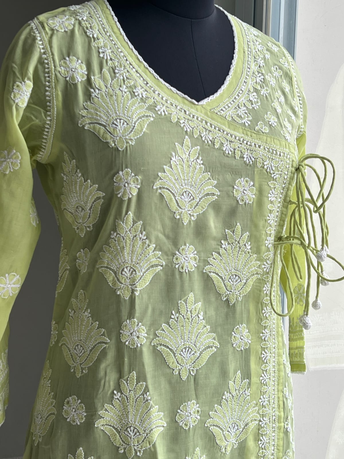 Lime Green A line Angarkha Style Kurti with chikankari and tessels
