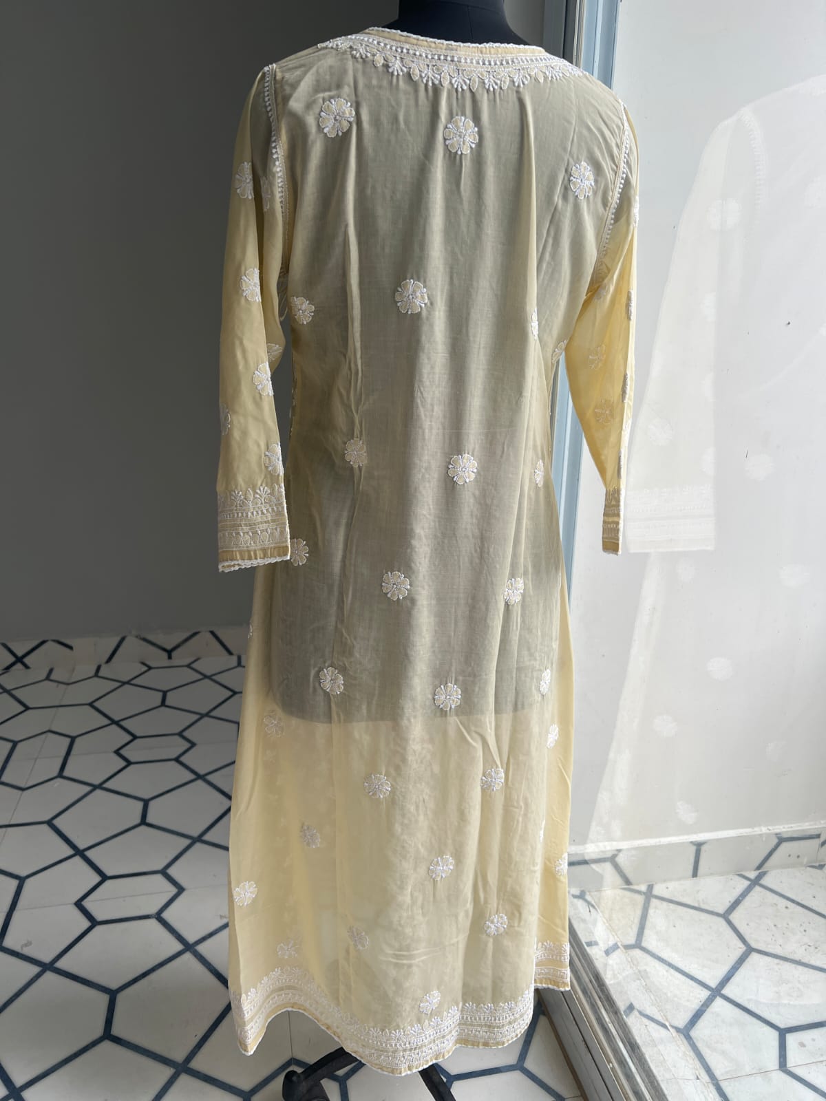 Beige A line Angarkha Style Kurti with chikankari and tessels