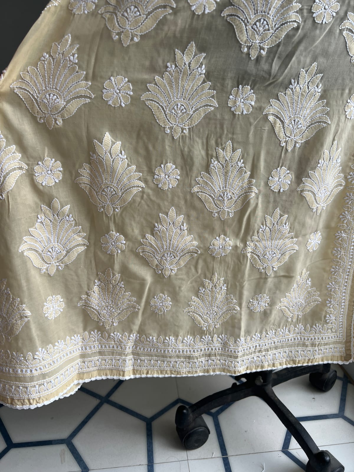 Beige A line Angarkha Style Kurti with chikankari and tessels