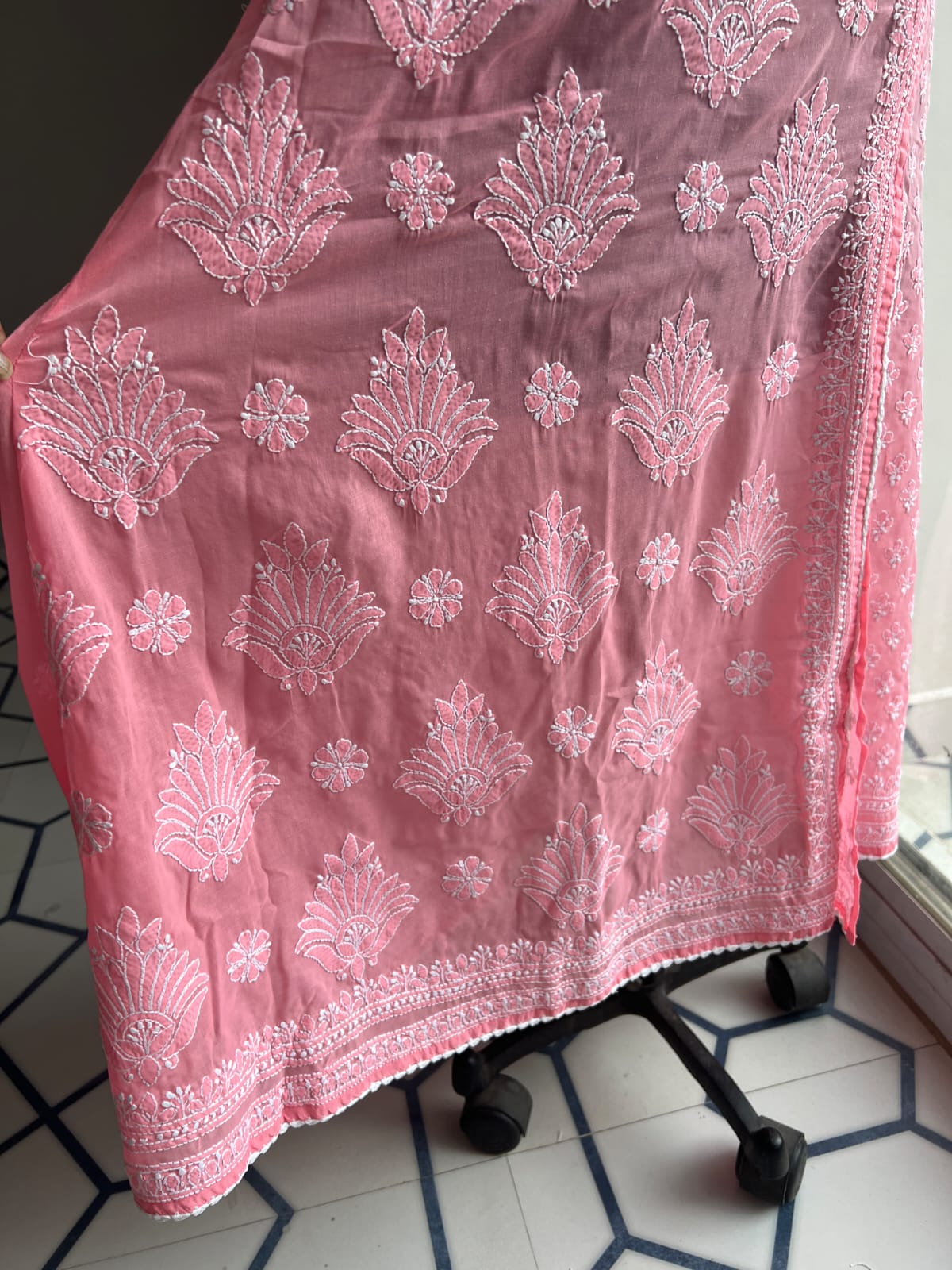 Carrot Pink A line Angarkha Style Kurti with chikankari and tessels