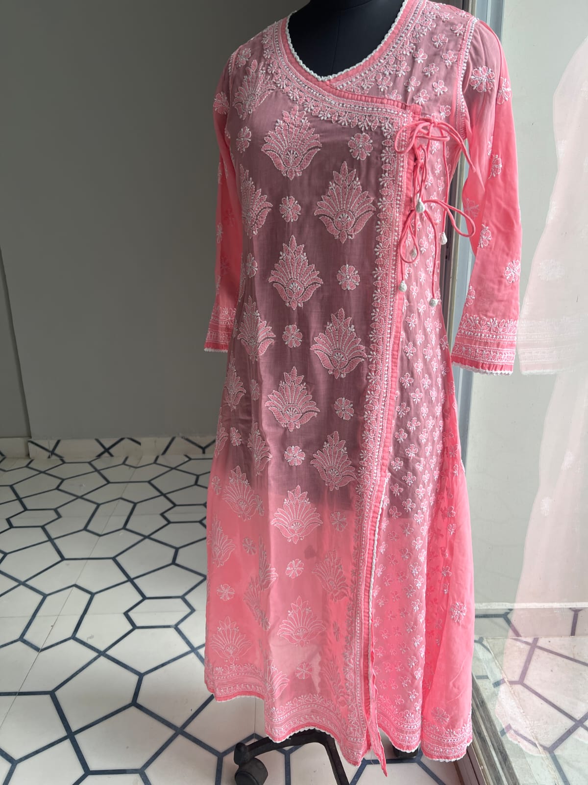 Carrot Pink A line Angarkha Style Kurti with chikankari and tessels
