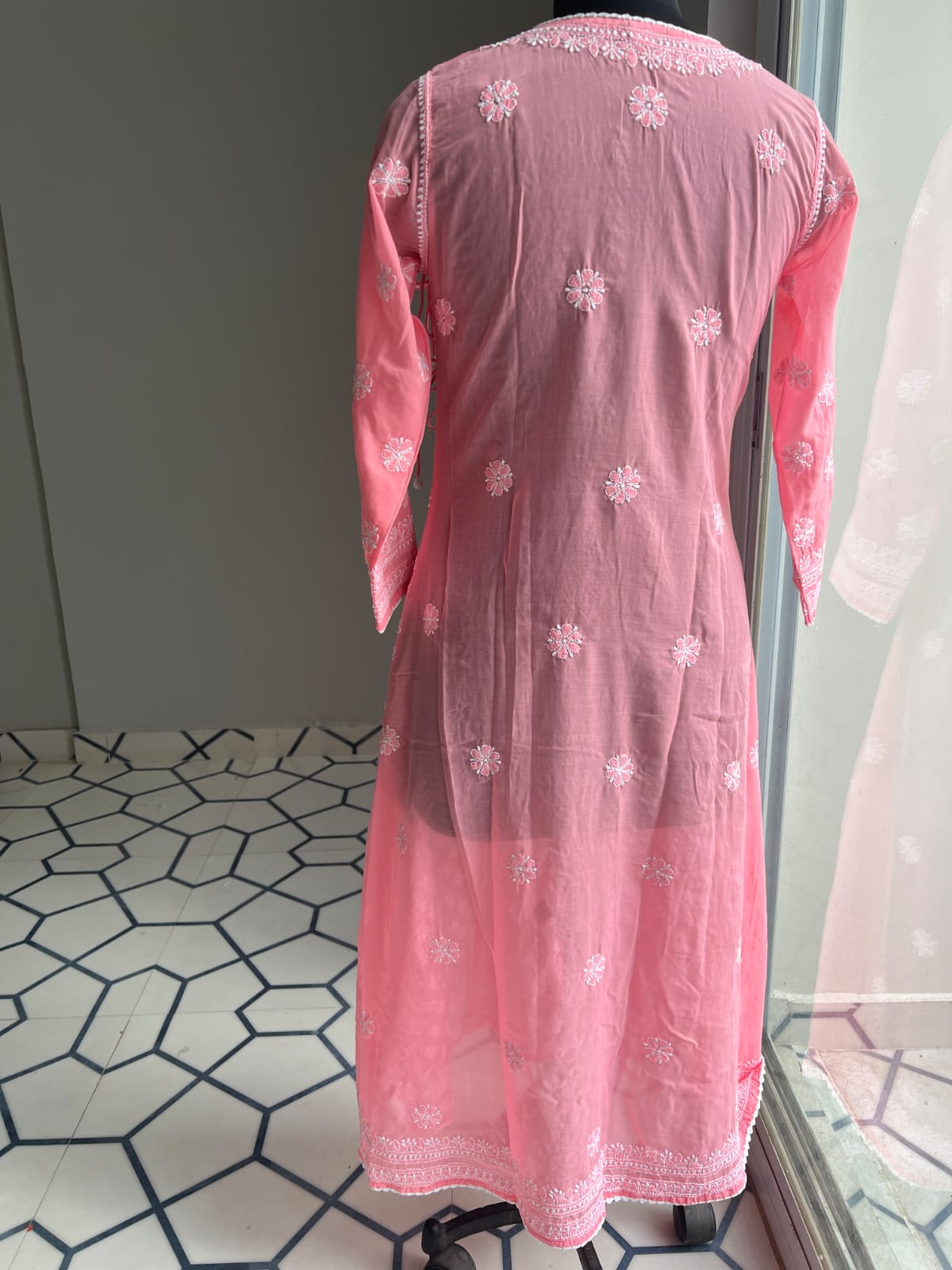 Carrot Pink A line Angarkha Style Kurti with chikankari and tessels